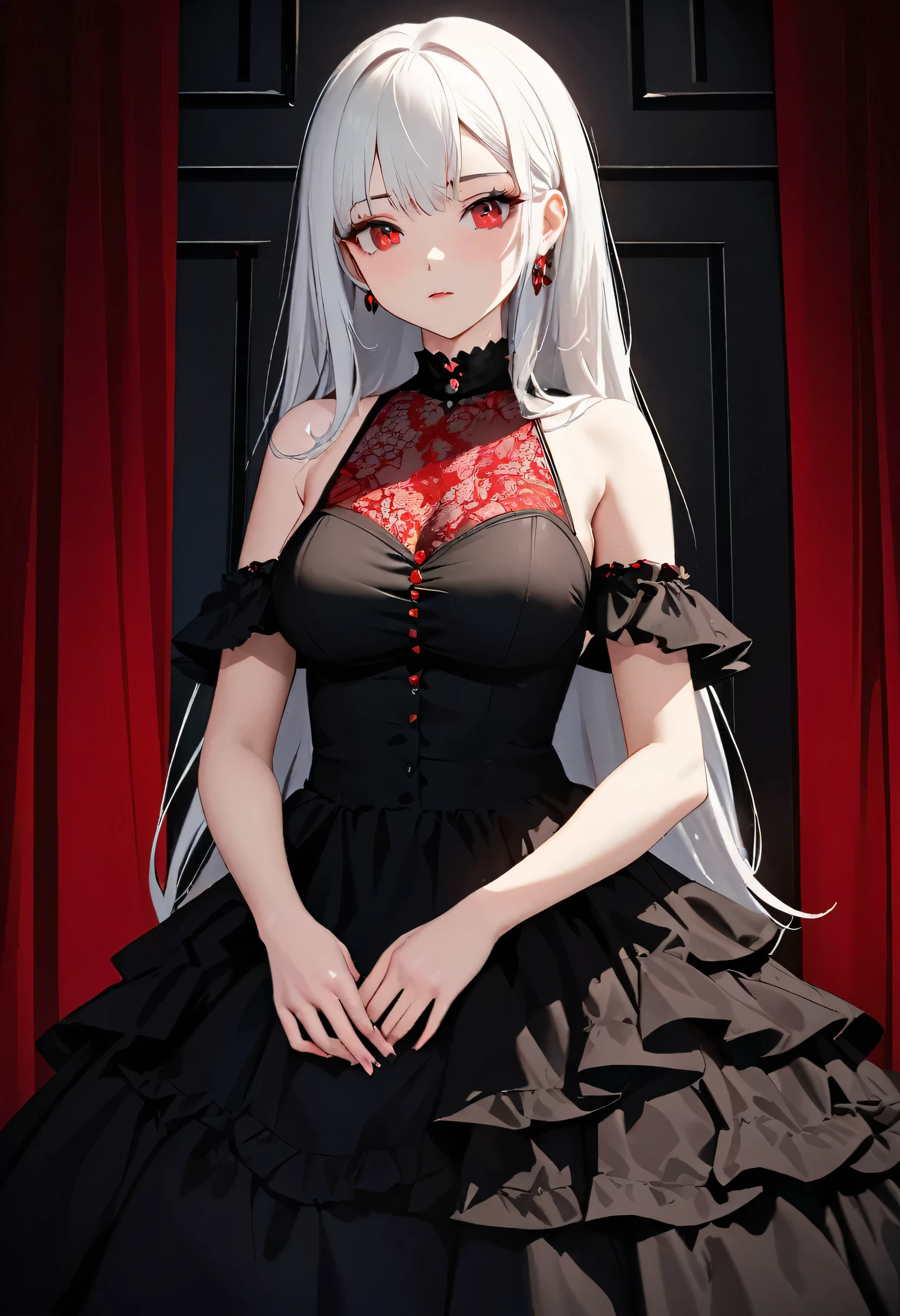 woman in a black and red dress, girl wearing a black and red dress, in dress, beautiful alluring woman, cute waifu in a nice dress, gothic maiden girl, red eyes, white hair, 8k high quality detailed art, beautiful anime girl, guweiz, beautiful anime woman, attractive anime girl