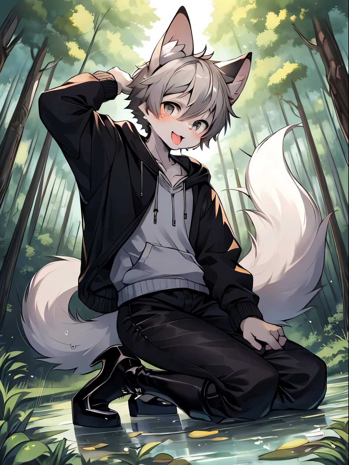 Kneeling,Soaking wet,short gray hair ,solo, 1 person, in the forest at noon, Above a puddle, long pants,The tail is fluffy, A loose hoodie that reaches down ,Shota,Grab the tail and look at it with interest, Black Knee High Boots,Platform heels,Hold the groin,Tongue out