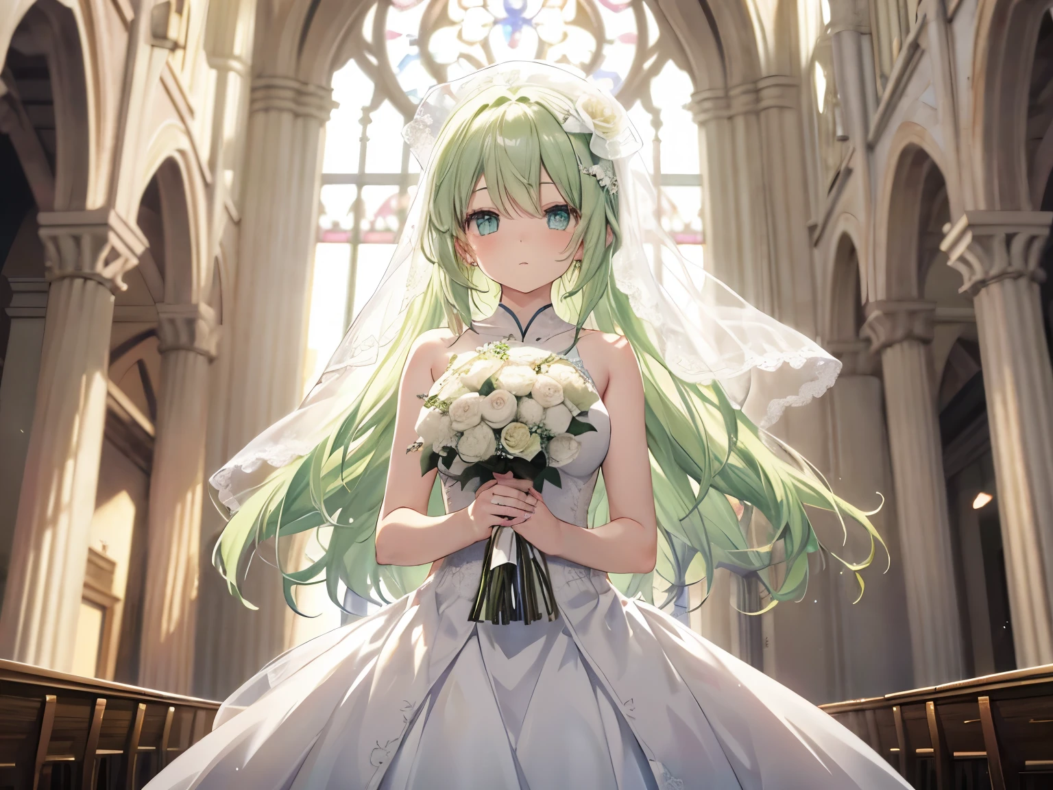 light green hair, soft eyes, cute anime girl pictures, greedy face, cowboy shoot, 1 woman、one woman, high resolution,Masterpiece,Highest quality, ,1 woman, alone, hair flower, Wedding again SS, holding a bouquet of flowers in hand, Cha, church, white bridal veil, wedding dress, wedding style, Whole body, was revealed, Put one out.&#39;shoulder, Show your skin, white dress , Open your mouth and laugh., smile, Close one eye