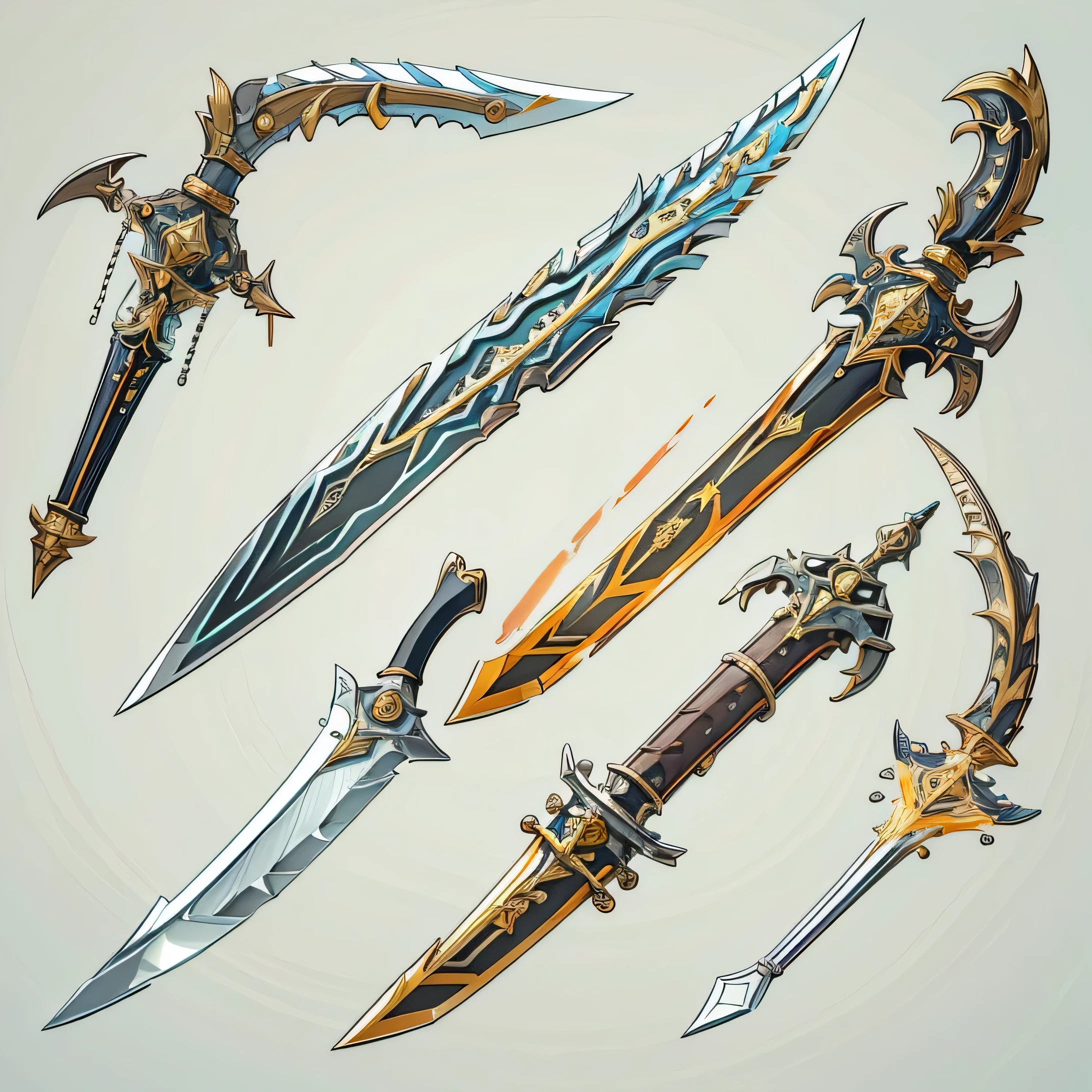 (((best quality))), (((masterpiece))), Weapons to be included in the Weapon Encyclopedia, Two-handed sword, big knife, european weapons, RPG game weapons, white background, Crisp Lines, Colorful colors,
