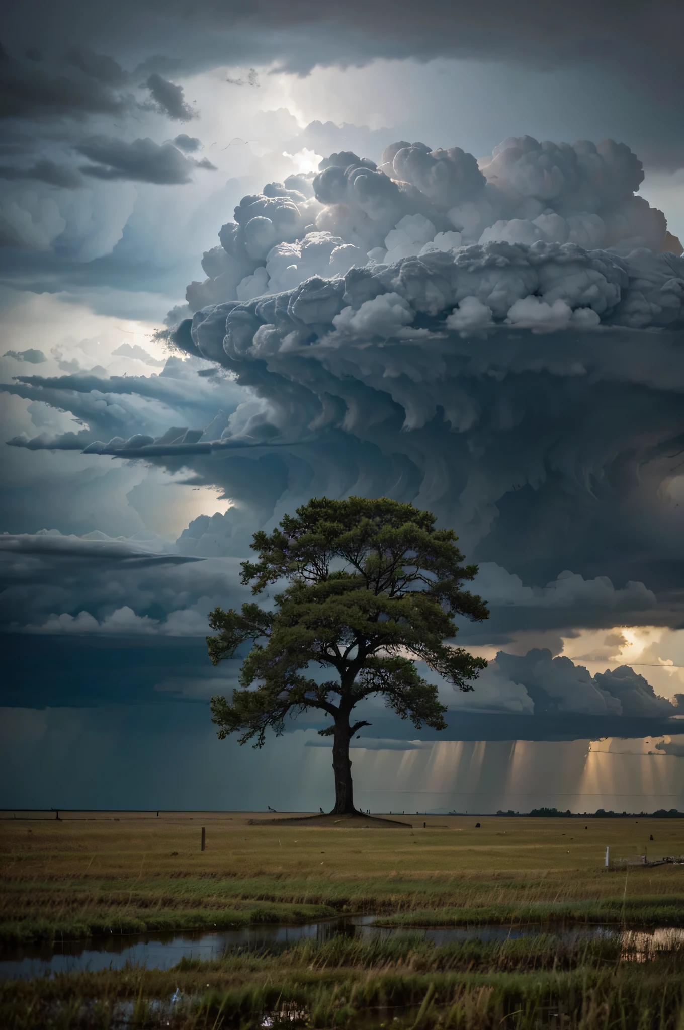 serene scene of a tree standing tall amidst a storm