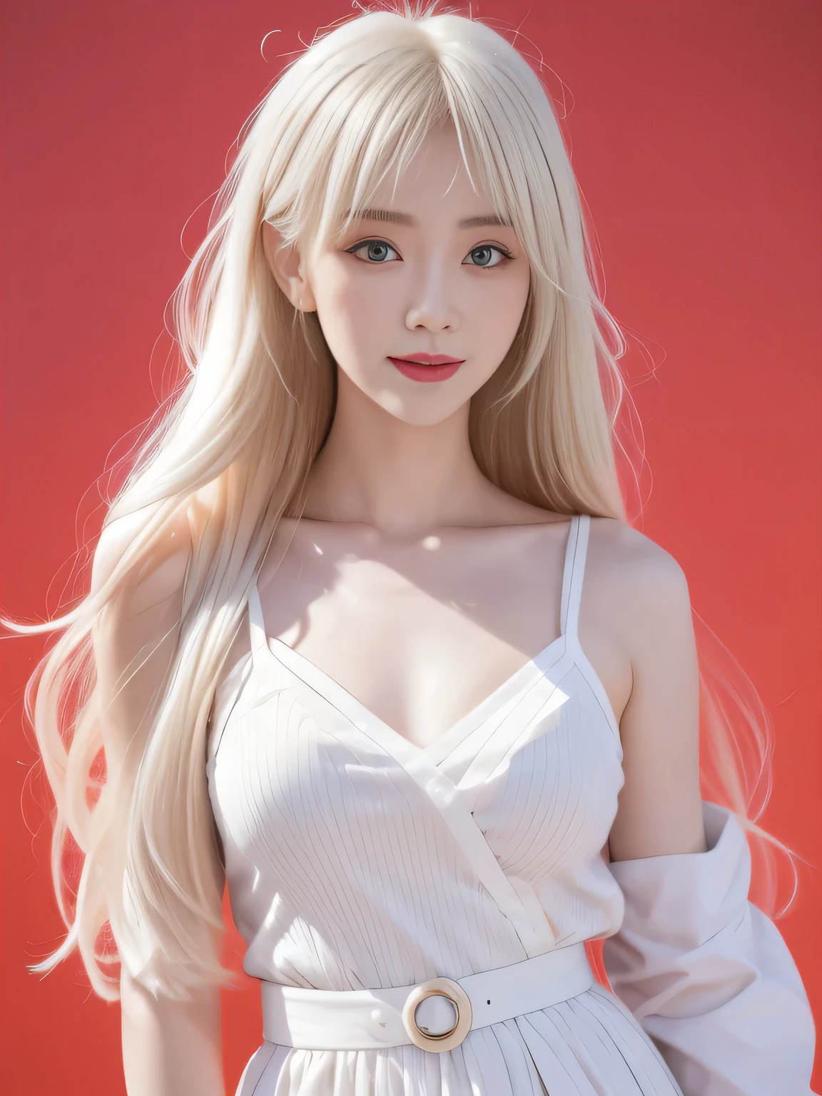 hair bobbles, wince, longeyelashes, solid circle eyes, light smile, ear blush, fang, Surrealism, drop shadow, anaglyph, stereogram, tachi-e, pov, atmospheric perspective, 8k, super detail, ccurate, best quality，Blonde woman in white shirt and red suspenders，Holding a stuffed toy in arms, ses cheveux sont blancs, White Ji haircut, Very light blonde, has long white hair, Very Very Light Blonde, White ponytail, white hair girl, white - blond hair, has long white hair, Long white hair and bangs, Sakimichan, A girl has white hair