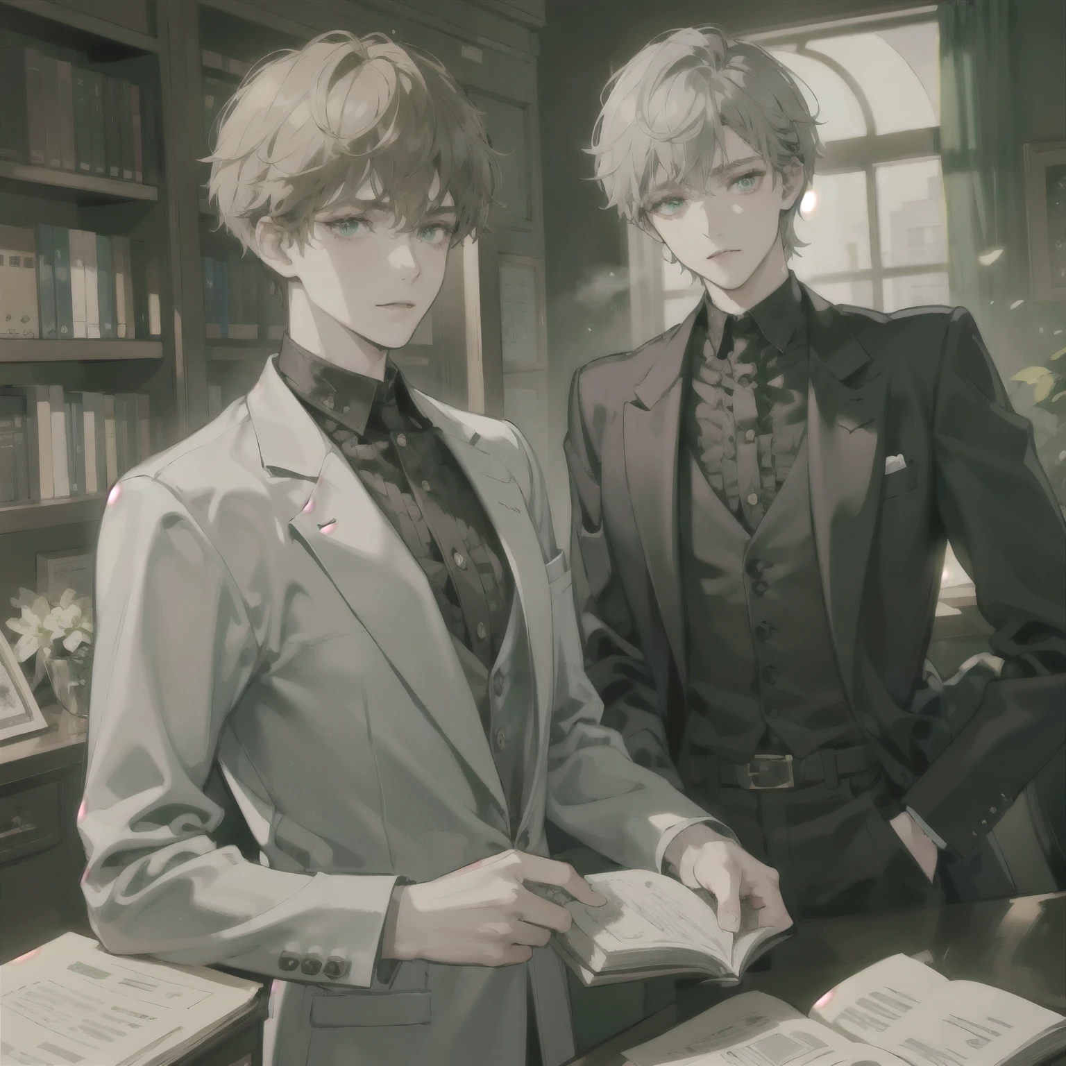 Dark office, pale light, working at a computer in a book room, melancholy expression, short golden hair, light green eyes, well-groomed face, gray suit, perfect face, high definition, cartoon style, 20 year old man,
He is working at his elbow.