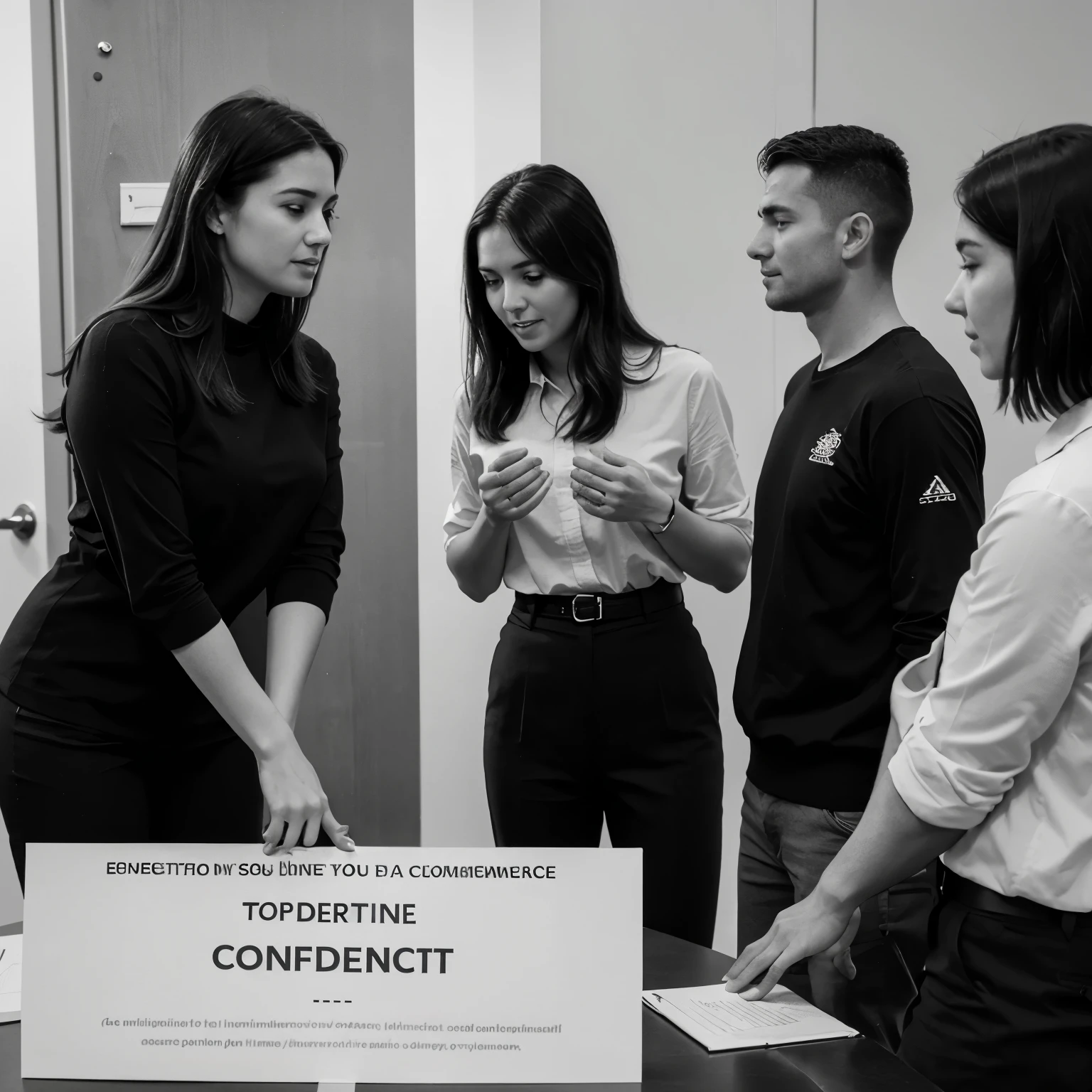 1) It should be in a sketchy style, similar to hand-drawn illustrations, in black and white
2) There must be 3 people (2 males and 1 female, all people in the age between 25 - 45 years)

3) They should have a direct eye contact with the viewer.

4) They should be smiling and appear happy.

5) Instead of notebooks add money, i.e. banknotes, coins

6) Instead of 10, write TAK (in neon blue color code #00BFFF)

7) With background color F5F5F5