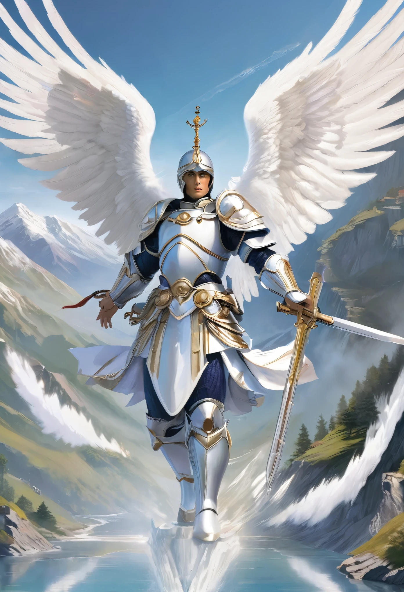 Make a very real image of the archangel Saint Gabriel with a warrior's armor and a sword in his hand, with large white wings and in the background you can see a valley with large mountains, a river and white birds flying around