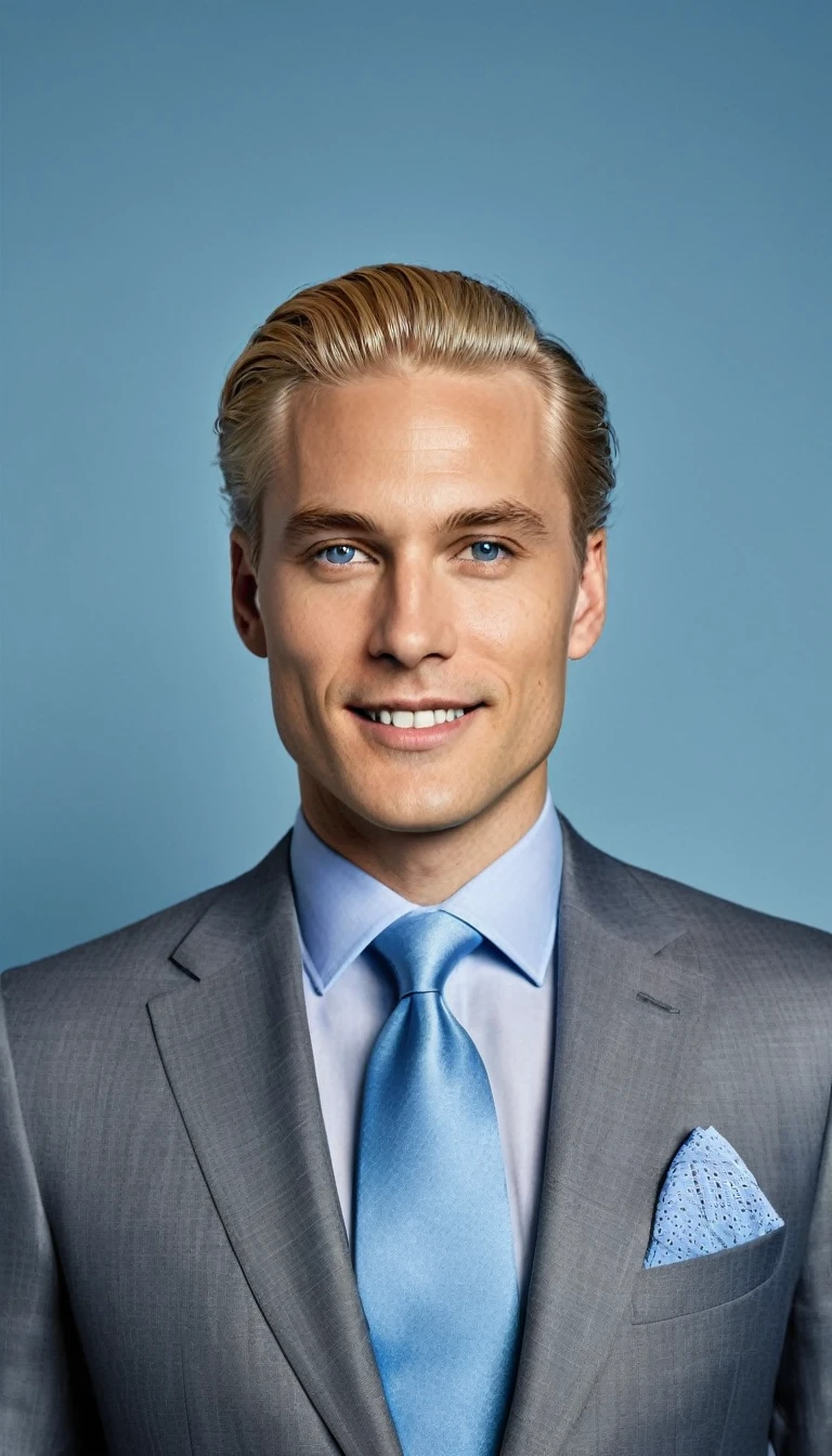 The image is a digital portrait of a man with blond hair and fair skin, wearing a finely detailed gray suit paired with a light blue shirt and blue tie. His appearance suggests meticulous grooming, from his hairstyle to his teeth, exuding a polished, refined look. He is shown with a slight smile and attentive eyes, focusing slightly to the left of the viewer, giving him an approachable yet sharp attitude. The man appears ready for an important event, indicated by the elegant attire that includes a pocket handkerchief, and the background is a deep blue that harmonizes with his tie and overall color palette... The portrait conveys an air of quiet elegance and professionalism.
Translated with DeepL.com (free version)