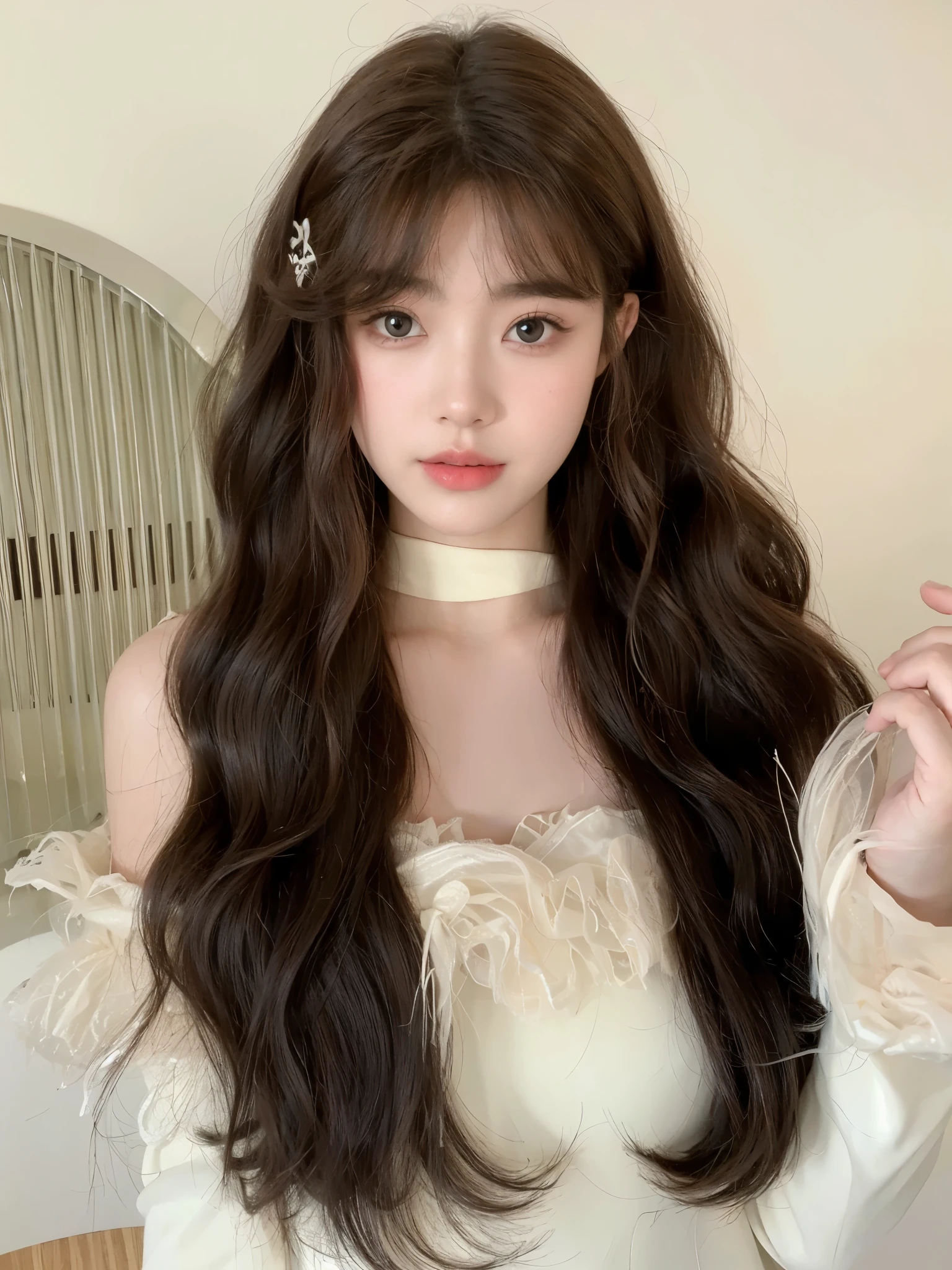 Long curly hair looks natural,The background is simple and clean