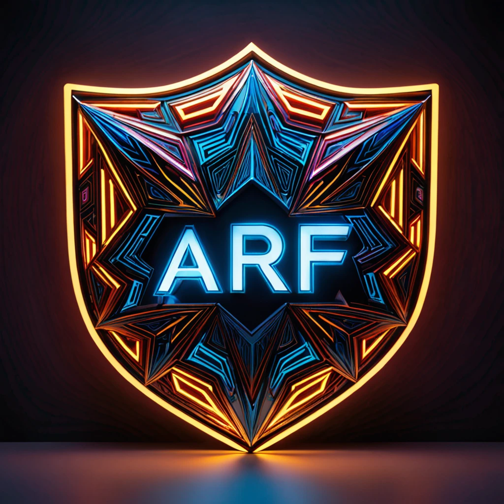 'ARF' text logo will be written in the middle. (masterpiece), realistic, UHD ,8k,Photography of an exquisitely imaginative shield that pushes the boundaries of creativity. This extraordinary shield is a true testament to wild and daring innovation, featuring a combination of unconventional materials, such as mirrored surfaces, neon lights, and intricate fractal patterns. Its unconventional shape and vibrant color palette create a visually stunning