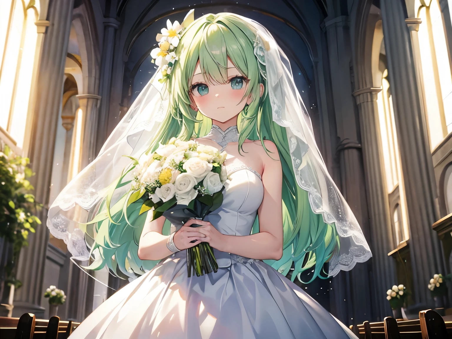 light green hair, soft eyes, cute anime girl pictures, greedy face, cowboy shoot, 1 woman、one woman, high resolution,Masterpiece,Highest quality, ,1 woman, alone, hair flower, Wedding again SS, holding a bouquet of flowers in hand, Cha, church, white bridal veil, wedding dress, wedding style, Whole body, was revealed, Put one out.&#39;shoulder, Show your skin, white dress , Open your mouth and laugh., smile, Close one eye