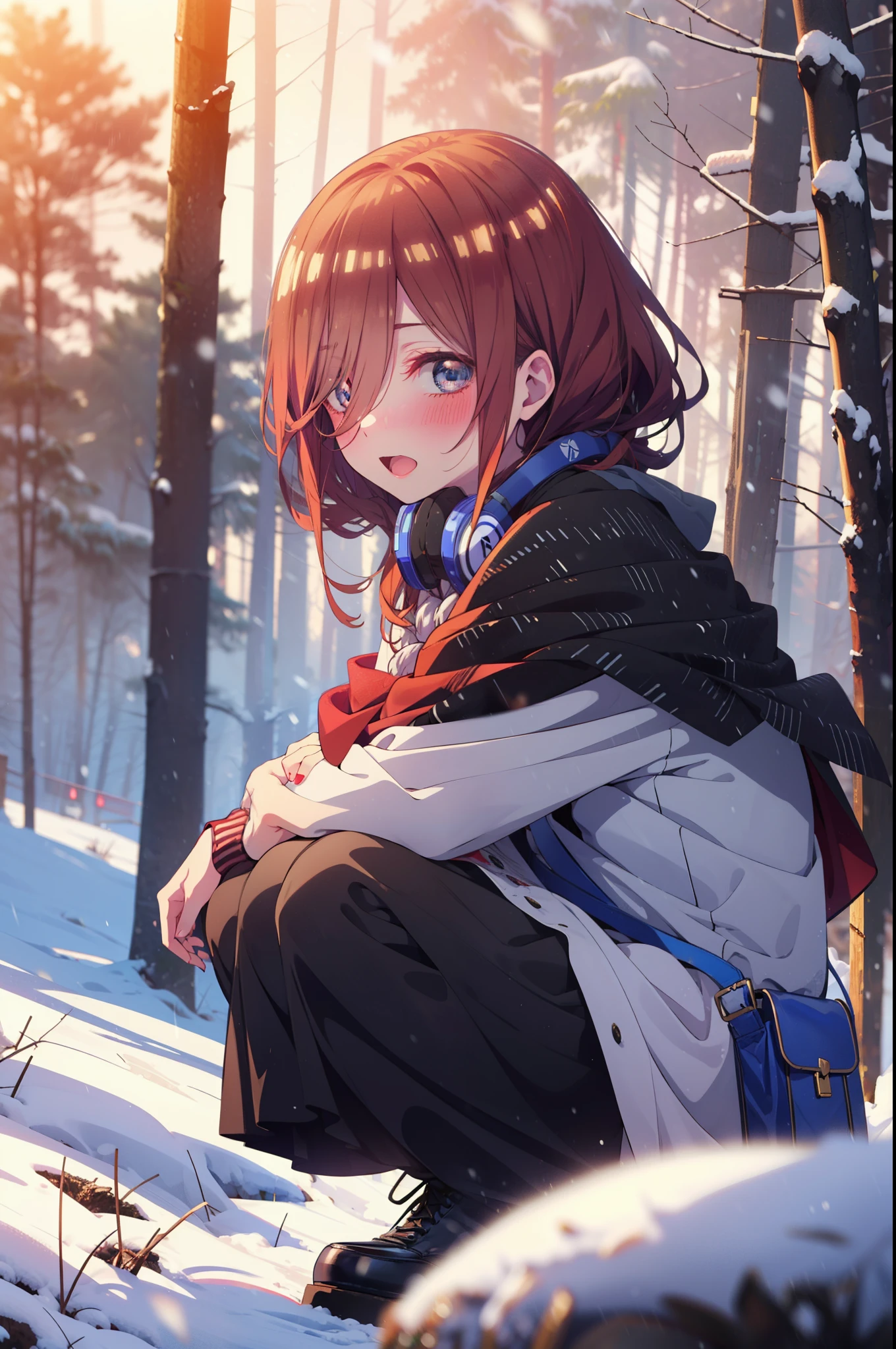 Miku Nakano, Miku Nakano, Long Hair, bangs, Brown Hair, shirt, Hair between the eyes, cardigan, Headphones around neck,smile,blush,White Breath,
Open your mouth,snow,A bonfire on the ground, Outdoor, boots, snowing, From the side, wood, suitcase, Cape, Blurred, Increase your meals, forest, White handbag, nature,  Squat, Mouth closed, フードed Cape, winter, Written boundary depth, Black shoes, red Cape break looking at viewer, Upper Body, whole body, break Outdoor, forest, nature, break (masterpiece:1.2), highest quality, High resolution, unity 8k wallpaper, (shape:0.8), (Beautiful and beautiful eyes:1.6), Highly detailed face, Perfect lighting, Highly detailed CG, (Perfect hands, Perfect Anatomy),