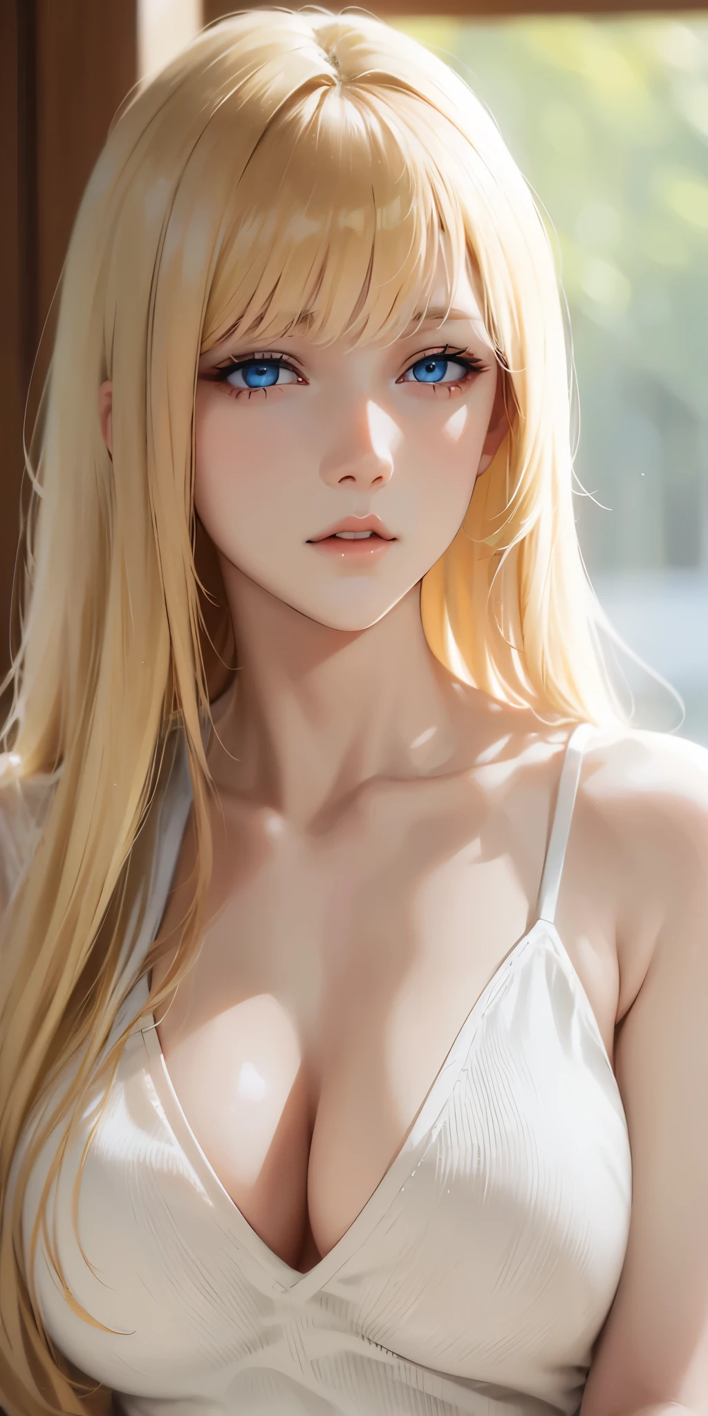 Upper body, elegant, adult woman, long neck, long blonde hair, bangs, casual shirt, cleavage, soft light, high quality, 4k resolution