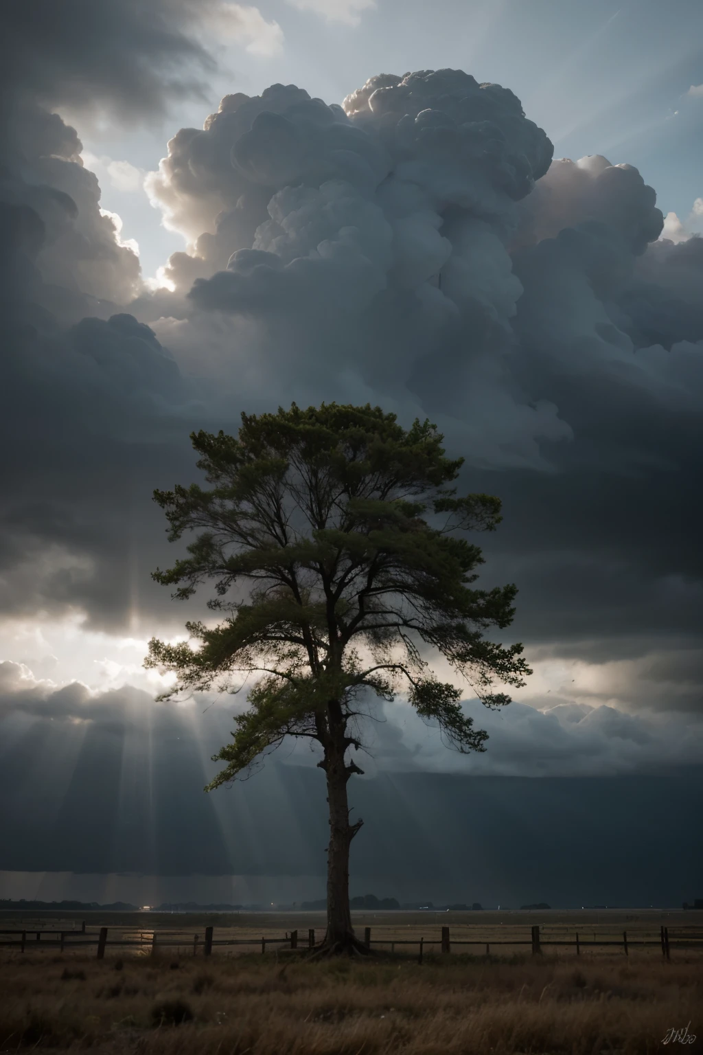 Dark drawing of a tree standing alone with a stormy clouds but the ray of sunlight is breaking through