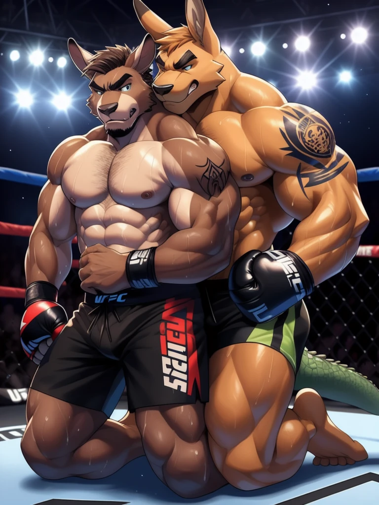 Duo male fighters(Brown Kangaroo vs Green Gator, handsomes, perfect eyes, Thick eyebrows), beso gay(cuddling kneeling, embraced from behind, in a UFC match), hot(Shirtless), handsomes(They are handsomes, correct anatomy), musculosos(Big muscle bodies, Six packs, muscle abs, big pecs, muscle legs, muscle backs), sweaty(very sweaty wet bodies), tatuajes(they have tattoos), Angry(They have an angry expression), boxing gloves(They both are wearing UFC gloves), Shorts(They are wearing black shorts), Hight resolution