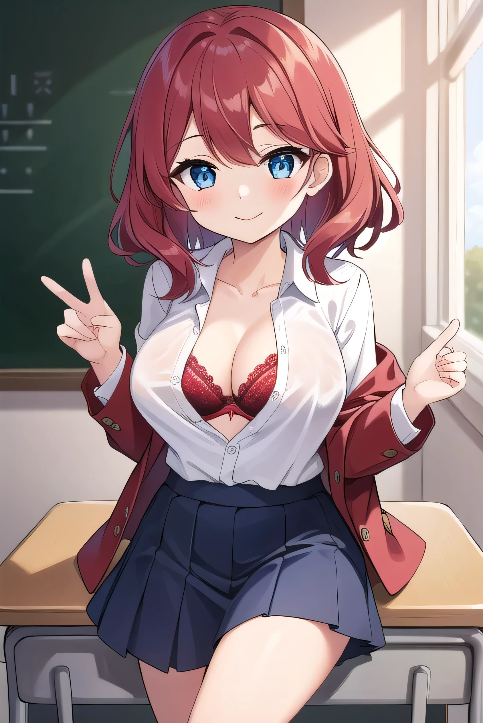 Big breasts, red hair, blue eyes, droopy eyes, red jacket, long sleeves, navy skirt, elementary school student, super big breasts, (medium hair: 1), baggy clothes, elementary school student, young face, short height, , old, shy Agari, smiling a little, trying to unbutton his shirt in the classroom, white shirt, soft hair,her bra is visible, a red bra