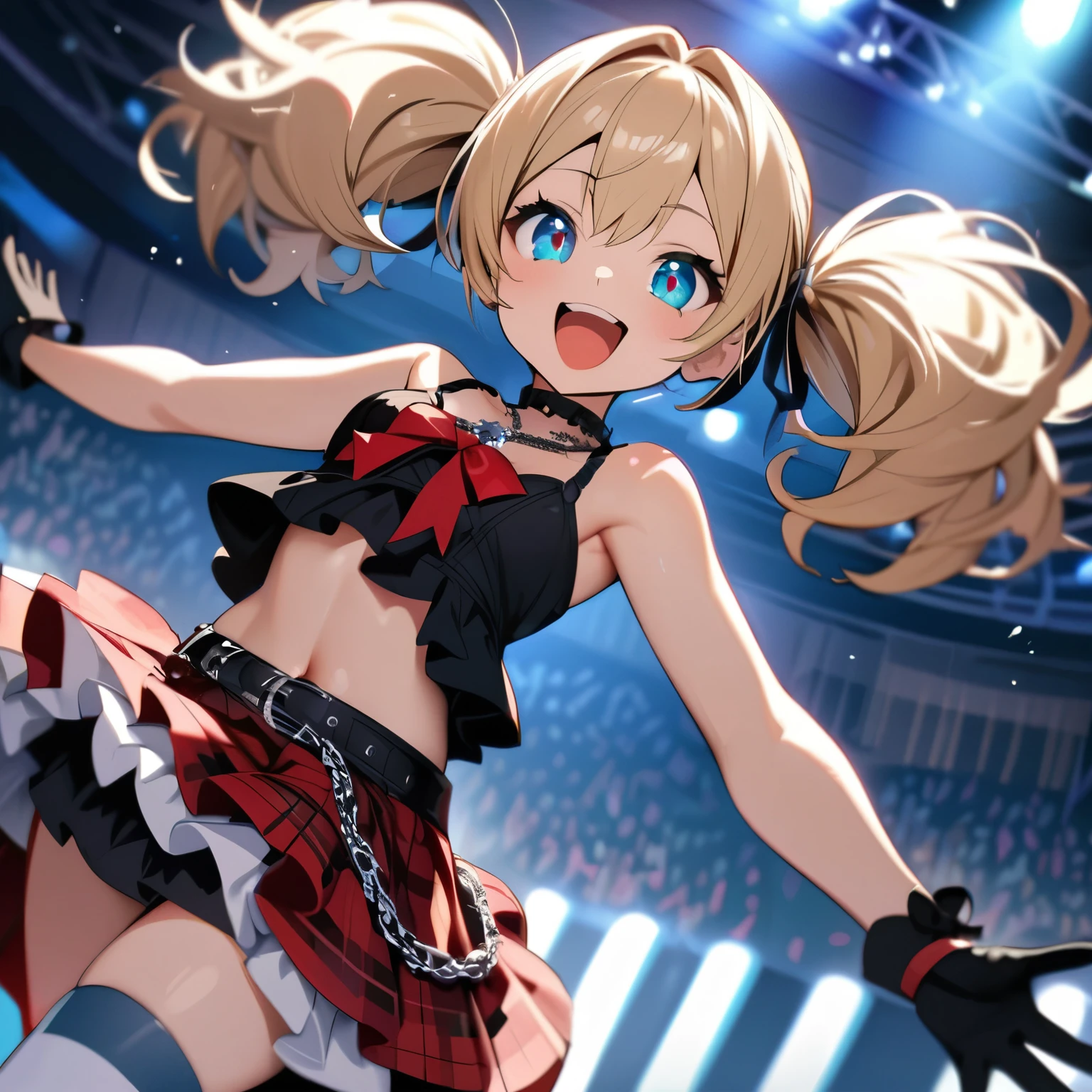 insanely detailed, absurdres, ultra-highres, ultra-detailed, best quality, 1 girl, solo, nice hands, perfect hands, BREAK (black crop-top with ruffles:1.4), ((sleeveless, bare shoulders):1.3), (navel, collarbone:1.2), ((black opera gloves, black long gloves):1.3), ((ruffle-skirt, multilayer-skirt):1.3), (red tartan-check pleated skirt:1.4), (black and white (striped-pattern over knee socks):1.3), (red lace-up boots:1.2), (choker, Bangles, chain, silver accessories:1.2), BREAK happy smile, laugh, open mouth, singing, holding microphone, 45 angle, cowboy shot, looking at viewer, BREAK slender, kawaii, perfect symmetrical face, ultra cute girl, ultra cute face, ultra detailed eyes, ultra detailed hair, ultra cute, ultra beautiful, BREAK singing on stage, concert hall, idol concert, crowd, BREAK blonde hair, middle hair, twintails, blue eyes