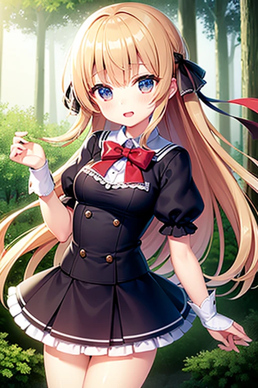 (8k, highest quality, Tabletop:1.2)、Ultra-high resolution、One 12-year-old girl, Detailed face、deep, Beautiful Eyes, Checked skirt, Blonde, White panties, Panty shot, in the forest, Strong winds