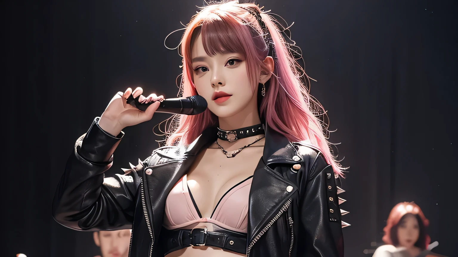 beautiful girl、one person、I have an electric guitar、Leather jacket with spikes、corset、Brown and pink hair、black leather shorts、Black ruffled bra、Spiked leather belt、Lace-up leather boots、choker、live house
