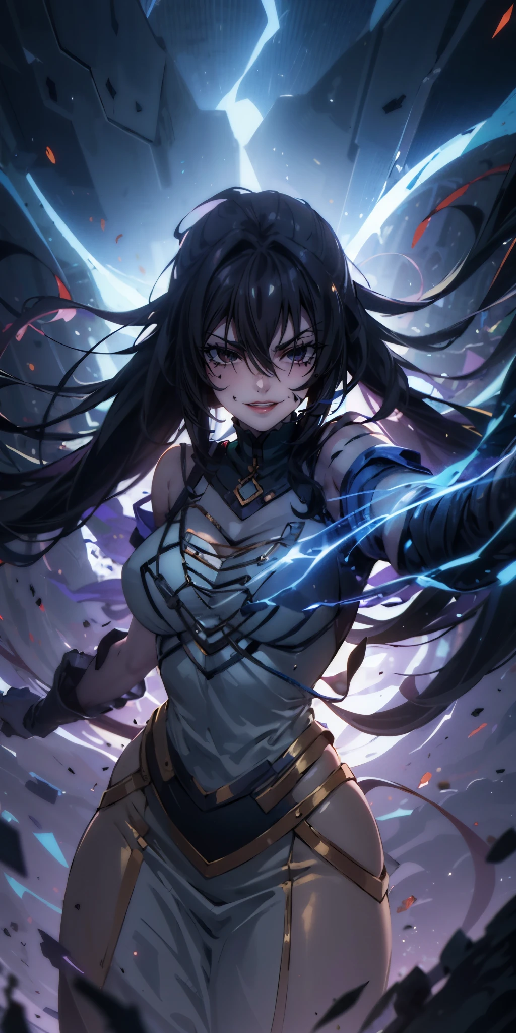 ((black hair, long hair:1.3)), black eyes, pale skin, anatomically correct, heavy breathing, huge breasts, curvy, best quality, masterpiece, high quality, high details, highres, HD, 1girl, looking_at_viewer, white dress, hip vent, long dress, solo, breasts, weapon, simple background, standing, fog, electricity, torn, "glow effects, godrays, Hand drawn, render, 8k, octane render, cinema 4d, blender, dark, atmospheric 4k ultra detailed, cinematic, Sharp focus, big depth of field, Masterpiece, colors, 3d octane render, 4k, concept art, trending on artstation, hyperrealistic, Vivid colors, extremely detailed CG unity 8k wallpaper, trending on CGSociety, Intricate, High Detail, dramatic", (shaded face:1.2), hollow eyes, black eyes, looking at viewer, heavy breathing, smirk, upper teeth, lips, 