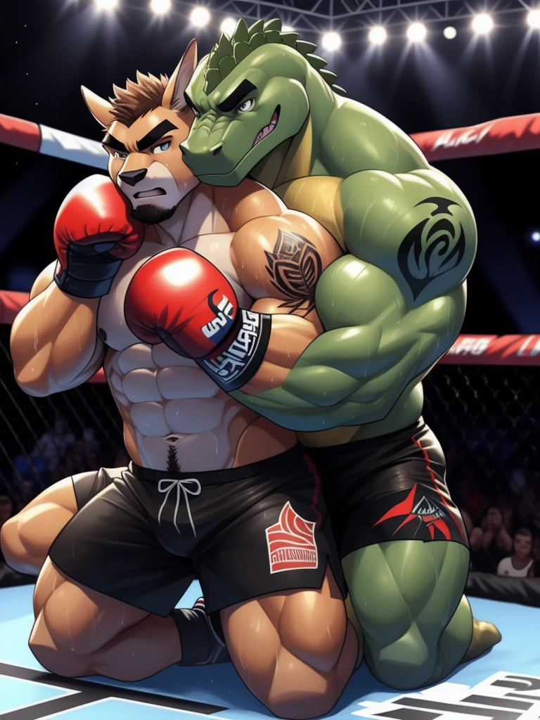 Duo male fighters(Brown Kangaroo vs Green Gator, handsomes, perfect eyes, Thick eyebrows), beso gay(cuddling kneeling, embraced from behind, in a UFC match), hot(Shirtless), handsomes(They are handsomes, correct anatomy), musculosos(Big muscle bodies, Six packs, muscle abs, big pecs, muscle legs, muscle backs), sweaty(very sweaty wet bodies), tatuajes(they have tattoos), Angry(They have an angry expression), boxing gloves(They both are wearing UFC gloves), Shorts(They are wearing black shorts), Hight resolution