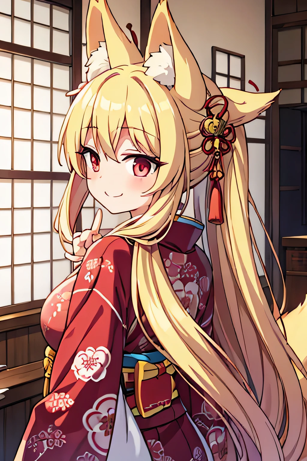 highest quality、smile、Big Breasts、Fox ears、Long blonde、Red Eye、kimono、Are standing、Japanese-style room、Back view、back