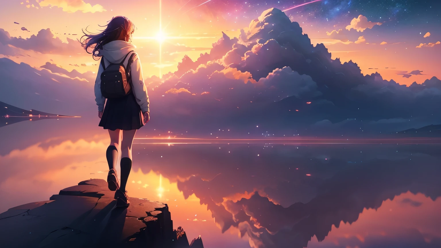anime girl walking on a path towards a beautiful sunset, she is approaching heaven, sitting on the cosmic cloudscape, girl looks at the space, dreamlike digital painting, makoto shinkai cyril rolando, cosmic skies. by makoto shinkai, endless cosmos in the background, lost in a dreamy fairy landscape, girl clouds, dreamlike atmosphere, girl looks at the space, anime girl with cosmic hair, cosmos sem fim no fundo, girl in space, beautiful girl on the horizon, Makoto Shinkai Cyril Rolando, looking out into the cosmos, Anime art wallpaper 4k, Anime art wallpaper 4 K, Anime art wallpaper 8 K, on a sunset looking background, wearing headphones