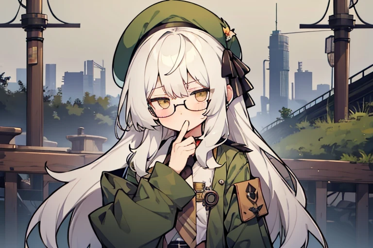 long ahoge,shirt,White hair,Brown eyes,circle-glasses,Brown tie,brown skirt,dark green beret,Dark green jacket,girl with,steampunkai,sleepeace,retro city background,jitome,hand to own mouth