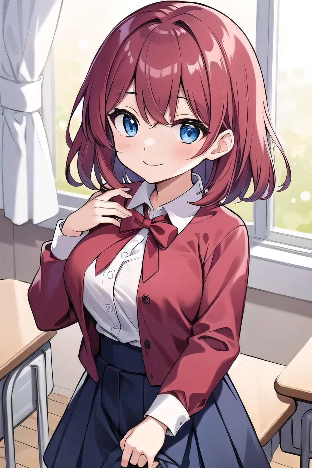 Big breasts, red hair, blue eyes, droopy eyes, red jacket, long sleeves, navy skirt, elementary school student, super big breasts, (medium hair: 1), baggy clothes, elementary school student, young face, short height, 10 years old, old, shy Agari, smiling a little, trying to unbutton his shirt in the classroom, white shirt, soft hair，straight hair