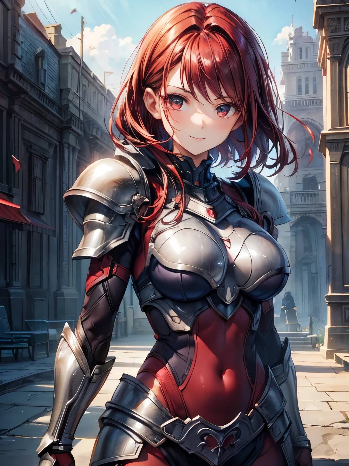 highest quality、Nice sexy body、One Woman、solo、(Beautiful busty woman:1.5)、Medium hair woman、((Woman with dark red hair))、A woman in silver armor、Smiling woman、ruins