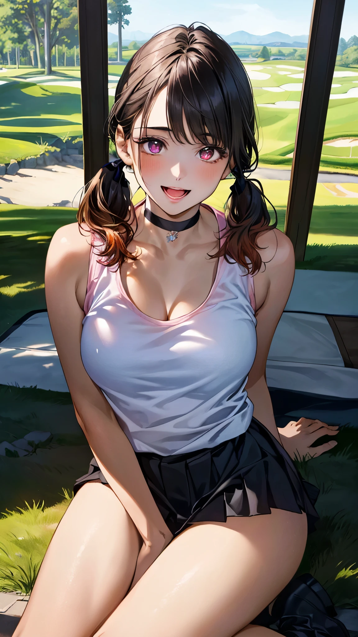 (masterpiece:1.3, top-quality, ultra high res, ultra detailed), (realistic, photorealistic:1.4), beautiful illustration, perfect lighting, natural lighting, colorful, depth of fields, surrealism,
beautiful detailed hair, beautiful detailed face, beautiful detailed eyes, beautiful clavicle, beautiful body, beautiful chest, beautiful thigh, beautiful legs, beautiful fingers, shiny skin,
looking at viewer, 1 girl, japanese, gravure model, 21 years old, (perfect anatomy, anatomically correct, super detailed skin), cute and symmetrical face, babyface, perfect face, perfect eyes,
(middle hair, low twintails, amber orange hair), swept bangs, maroon eyes, slant eyes, long eye lasher, (large breasts, seductive thighs), slender, outstanding style,
((detailed cloth texture, break,break, light pink tank top, purple pleated mini skirt), black choker, black hair ribbon),
(beautiful scenery), evening, (golf course), sitting floor, (seductive smile, open mouth),