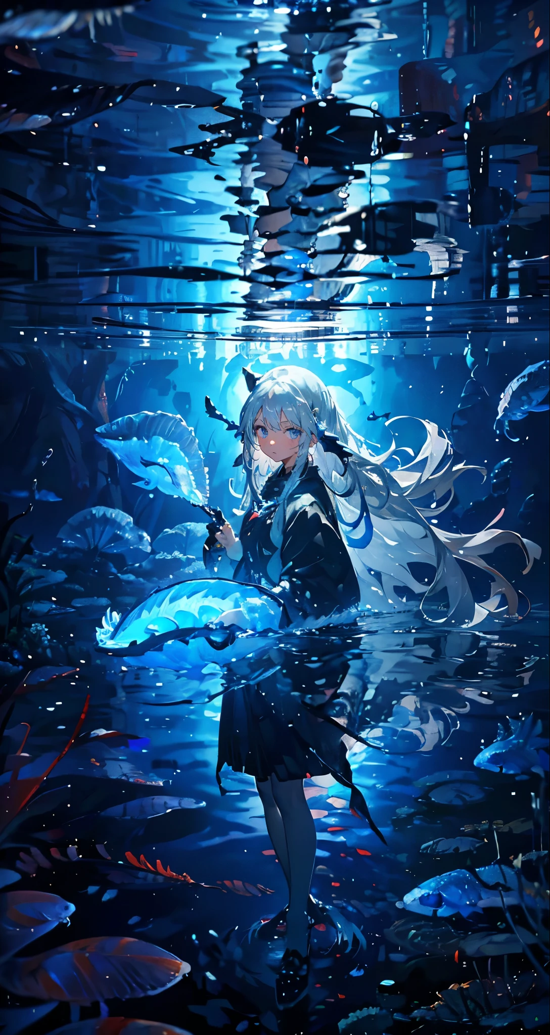 (Piece Fly), (best quality), Very detailed, 1 girl, Personal full body photo, Perfect face, beautiful girl, Very detailed顔,(Long gray hair:1.5),(blue eyes:1.4),(Flowing hair:1.4),(In the water:1.4),sink,school of fish,Light,jellyfish,Seaweed,Redfish,of fish,deep sea,fantasy
