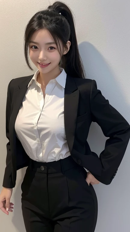 20 year old Japanese female, dark hair, college girl, suit, black jacket, white shirt, big breasts, cute, fair skin, long legs, fresh smile, sexy, big eyes, kind, ponytail, big butt, thin waist, best quality, photo