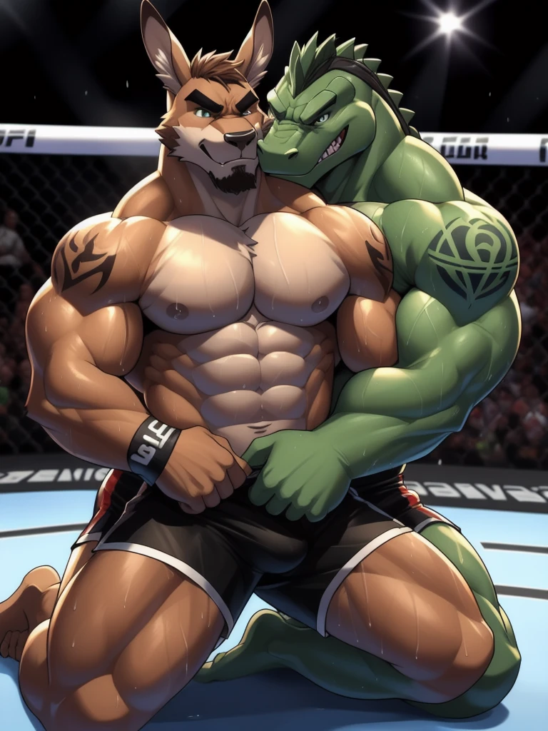 Duo male fighters(Brown Kangaroo vs Green Gator, handsomes, perfect eyes, Thick eyebrows), beso gay(cuddling kneeling, embraced from behind, in a UFC match), hot(Shirtless), handsomes(They are handsomes, correct anatomy), musculosos(Big muscle bodies, Six packs, muscle abs, big pecs, muscle legs, muscle backs), sweaty(very sweaty wet bodies), tatuajes(they have tattoos), Angry(They have an angry expression), UFC gloves(They both are wearing UFC gloves), Shorts(They are wearing black shorts), Hight resolution