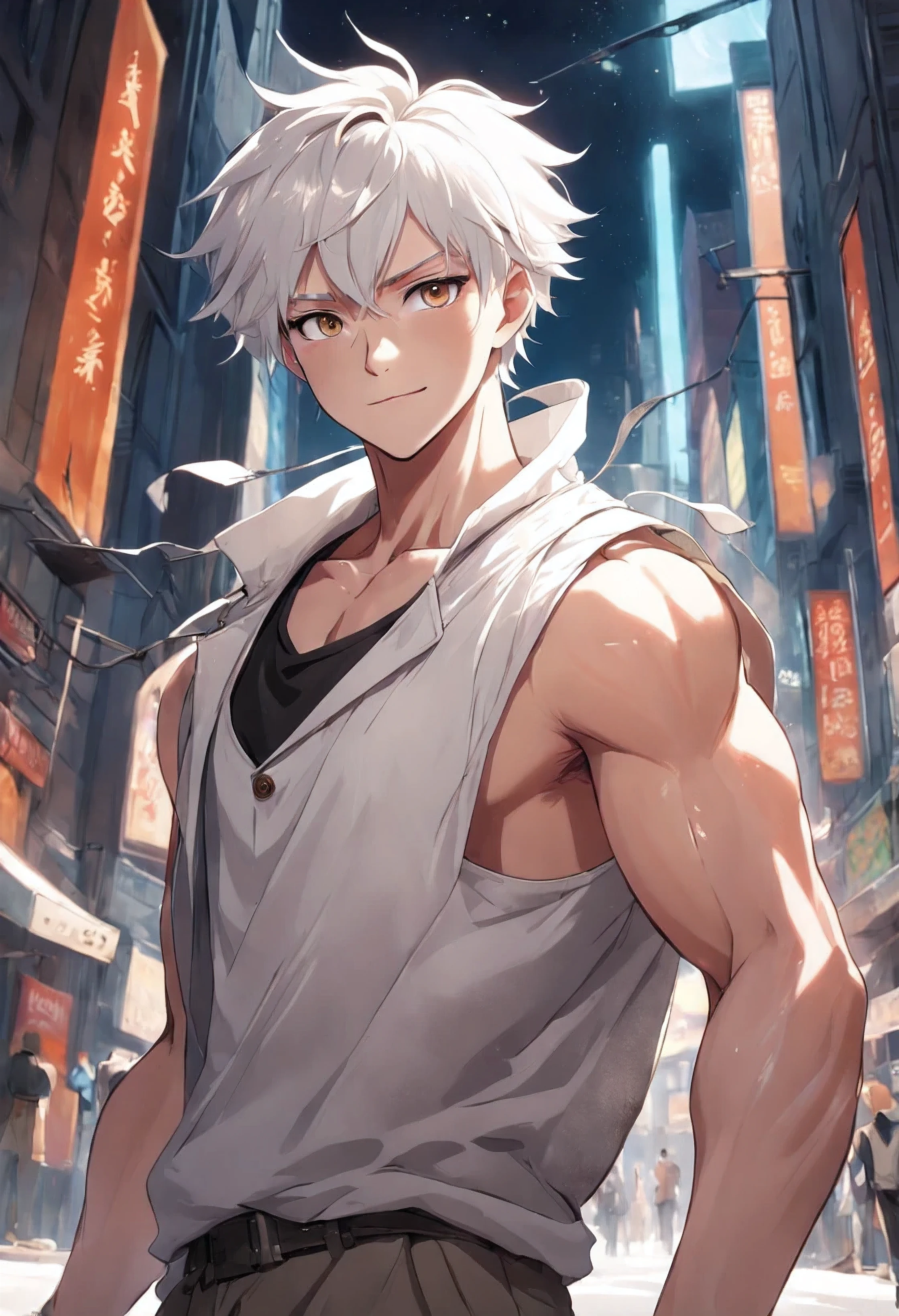 30-year-old young man Tall and strong, Broad shoulders, Strong arms, Strong and slightly fatty, Wearing a white shirt and khaki vest, adventurer clothing, Amiable, Smiling, whaite hair, Short hair, whaite hair, Silver hair, Asymmetrical hair, Short hair, Messy hair, hair splayed out, eyeball, Yellow eyes, Smile, parted lip, Bright pupils, Cinematic lighting, High detail, anime big breast, Chiaroscuro, character sheets, first person perspective, Wide shot, in a panoramic view, hyper HD, ccurate, A high resolution