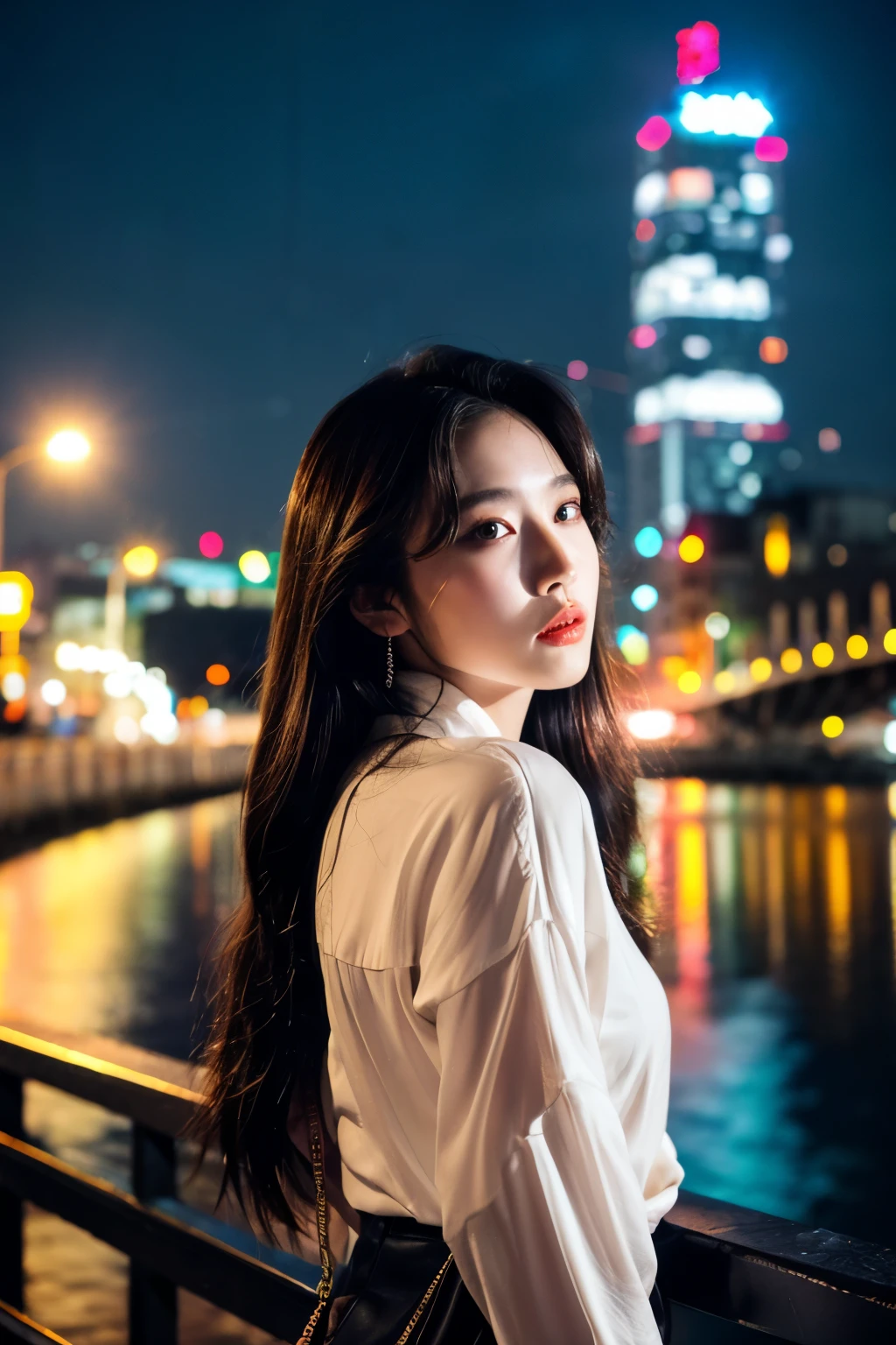 ((best quality)), ((masterpiece)), (Cinematic Aesthetic:1.4) Photo of a beautiful korean fashion model bokeh city night