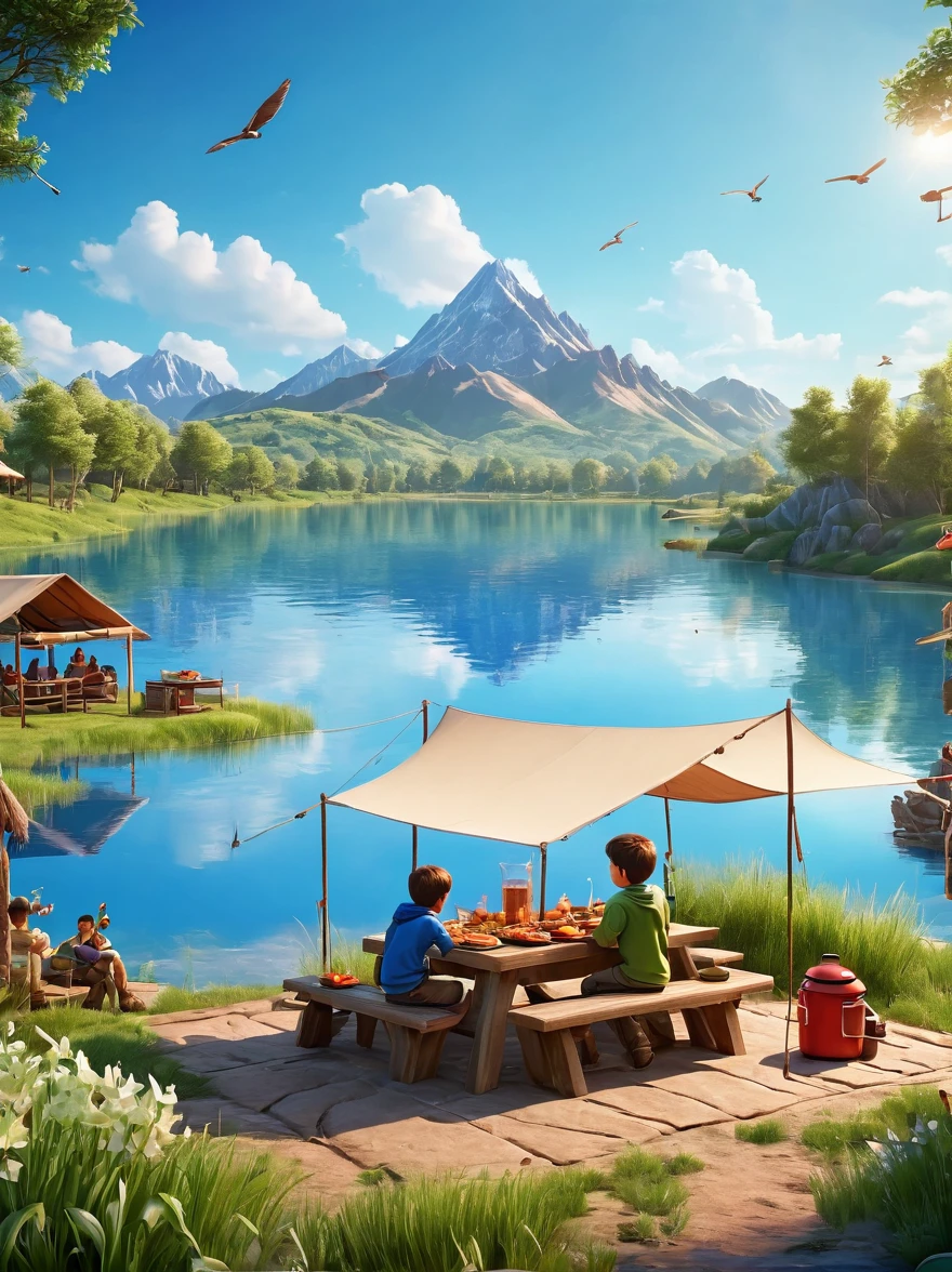 (1boy:1.3)，trip，real picture，Tented camp，Spring Outing，lake，Natural Scenes，barbecue，Blue sky natural background，Clay Materials，Clean background，Skyline design，3D，c4d，Blender，Natural light，Light group photo，Very high detail with rim light，Intricate details，8k, UHD, masterpiece, ccurate, anatomically correct, textured skin, award winning