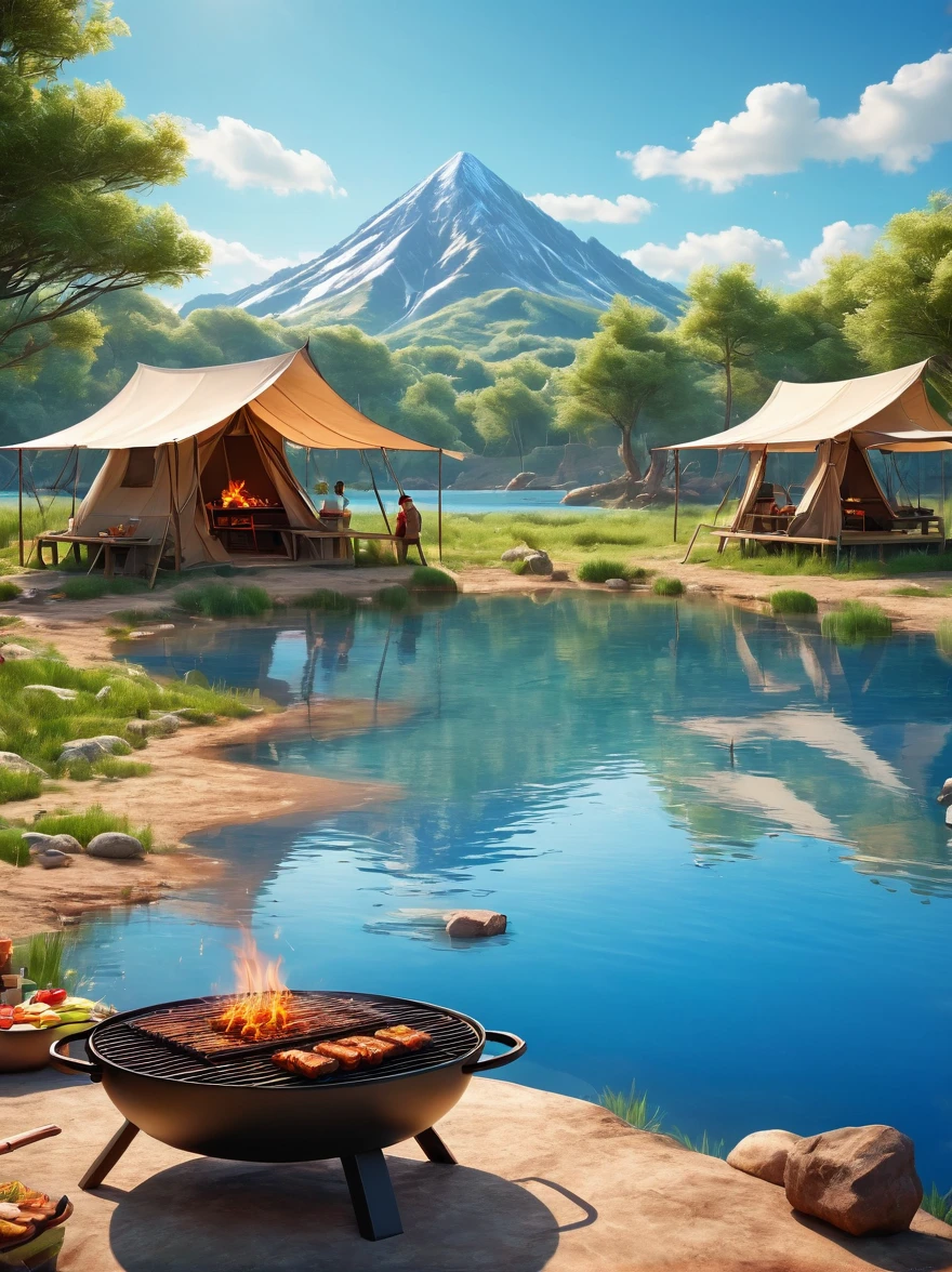 (1boy:1.3)，trip，real picture，Tented camp，Spring Outing，lake，Natural Scenes，barbecue，Blue sky natural background，Clay Materials，Clean background，Skyline design，3D，c4d，Blender，Natural light，Light group photo，Very high detail with rim light，Intricate details，8k, UHD, masterpiece, ccurate, anatomically correct, textured skin, award winning