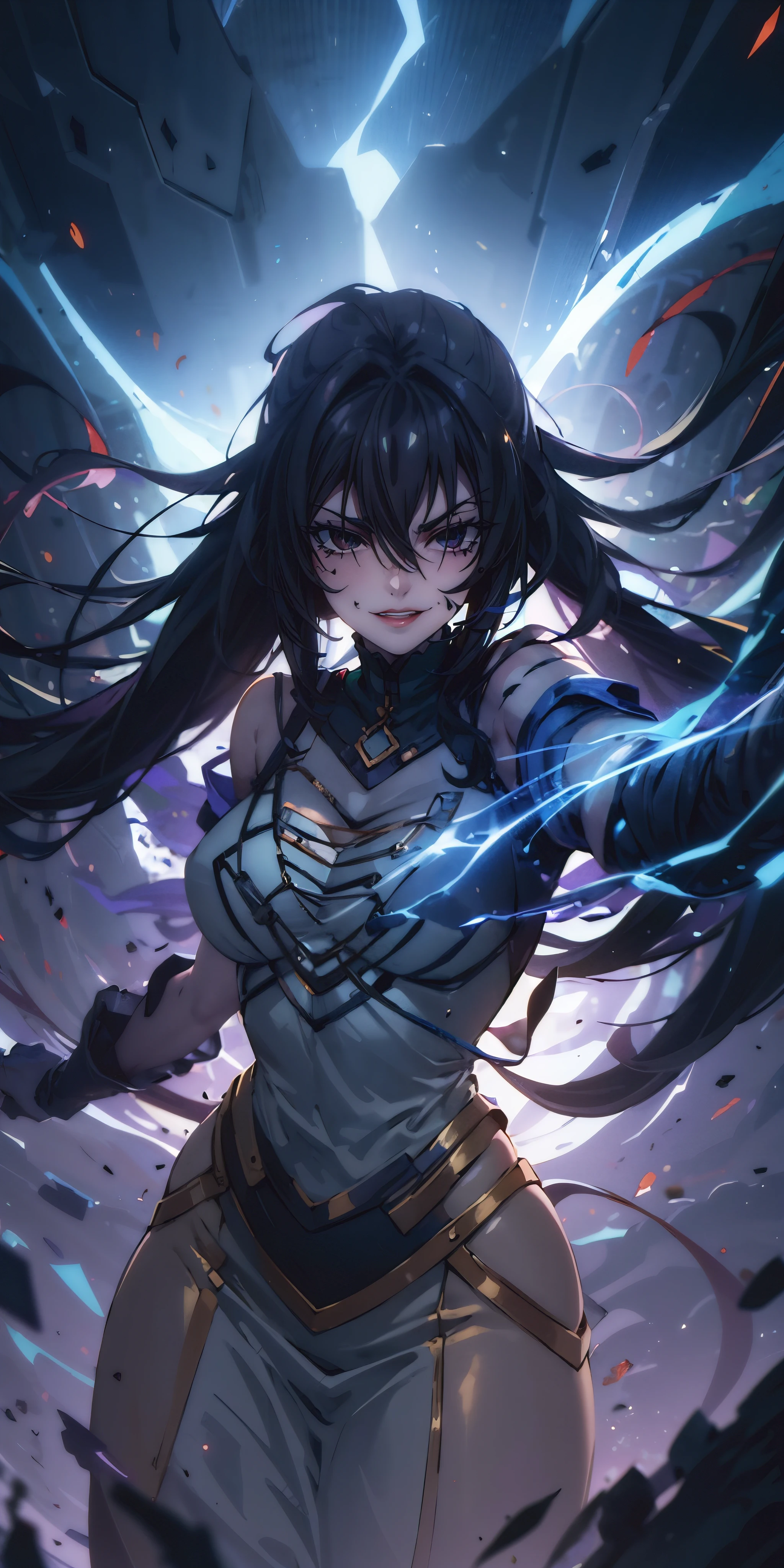 ((black hair, long hair:1.3)), black eyes, pale skin, anatomically correct, heavy breathing, huge breasts, curvy, best quality, masterpiece, high quality, high details, highres, HD, 1girl, looking_at_viewer, white dress, hip vent, long dress, solo, breasts, weapon, simple background, standing, fog, electricity, torn, "glow effects, godrays, Hand drawn, render, 8k, octane render, cinema 4d, blender, dark, atmospheric 4k ultra detailed, cinematic, Sharp focus, big depth of field, Masterpiece, colors, 3d octane render, 4k, concept art, trending on artstation, hyperrealistic, Vivid colors, extremely detailed CG unity 8k wallpaper, trending on CGSociety, Intricate, High Detail, dramatic", (shaded face:1.2), hollow eyes, black eyes, looking at viewer, heavy breathing, smirk, upper teeth, lips, 