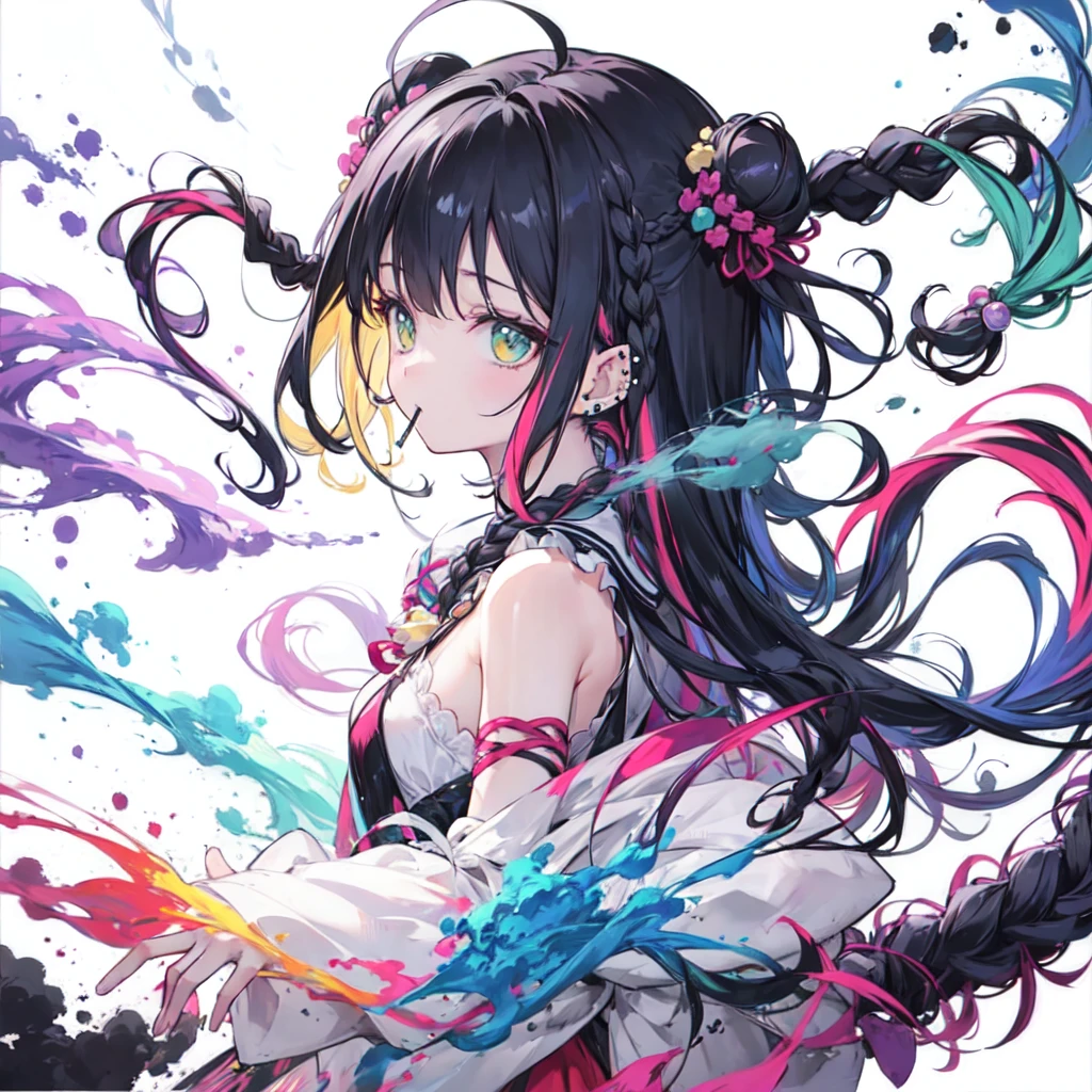 from side,solo,(braid:1.4),two side up,dreadlocks,(drill hair,hime cut,afro,ponytail,twintails,hair bun:0.8),(wavy multicolor hair:1.2),(smokeanywhere:1.4),piercing