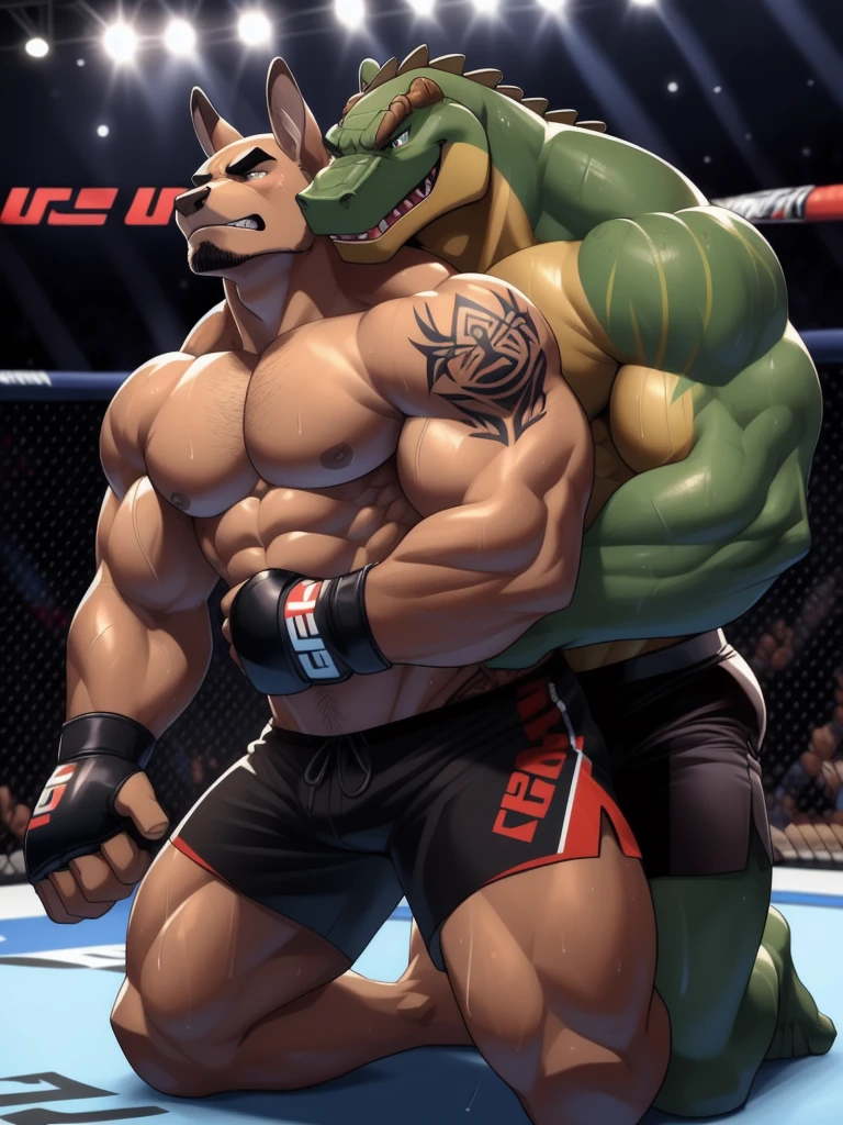 Duo male fighters(Green Gator vs Brown Wolf, handsomes, perfect eyes, Thick eyebrows), beso gay(Cuddling kneeling embraced from behind, in a UFC match), hot(Full body, shirtless), handsomes(They are handsomes, correct anatomy), musculosos(Big muscle bodies, Six packs, muscle abs, big pecs, muscle legs, muscle backs), sweaty(very sweaty wet bodies), tatuajes(they have tattoos), Angry(They have an angry expression), UFC gloves(They both are wearing UFC gloves), Naked(NSFW, cocks), Hight resolution, NSFW(Penis, naked) 