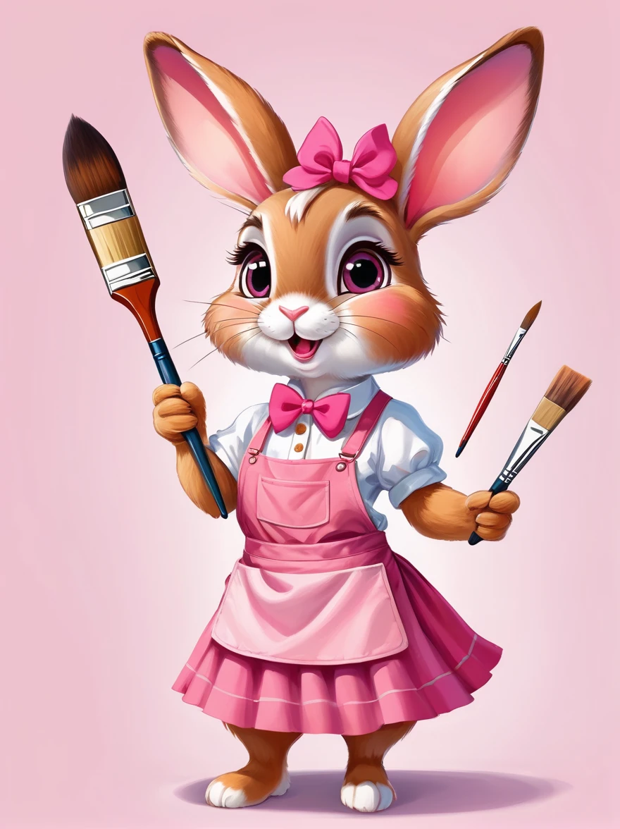 A cute rabbit wearing a white top and a pink skirt，Hold the palette in your left hand，Hold a paintbrush in your right hand，Big eyes and big ears，Character design dressed up as a painter style，Wearing a painter&#39;s hat，Cartoon Style，Blind box toy style，Full body shot，Solid color background，Created with C4D and Blender，With super detail，Natural light，Light and shadow，Very high detail with rim light，Intricate details，Medium shooting，8k, UHD, masterpiece, ccurate, anatomically correct, textured skin, award winning