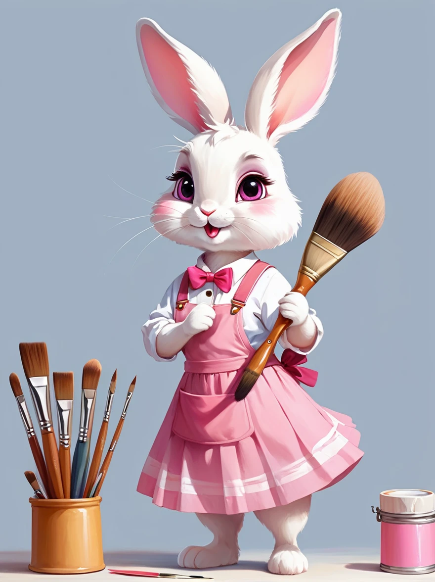 A cute rabbit wearing a white top and a pink skirt，Hold the palette in your left hand，Hold a paintbrush in your right hand，Big eyes and big ears，Character design dressed up as a painter style，Wearing a painter&#39;s hat，Cartoon Style，Blind box toy style，Full body shot，Solid color background，Created with C4D and Blender，With super detail，Natural light，Light and shadow，Very high detail with rim light，Intricate details，Medium shooting，8k, UHD, masterpiece, ccurate, anatomically correct, textured skin, award winning