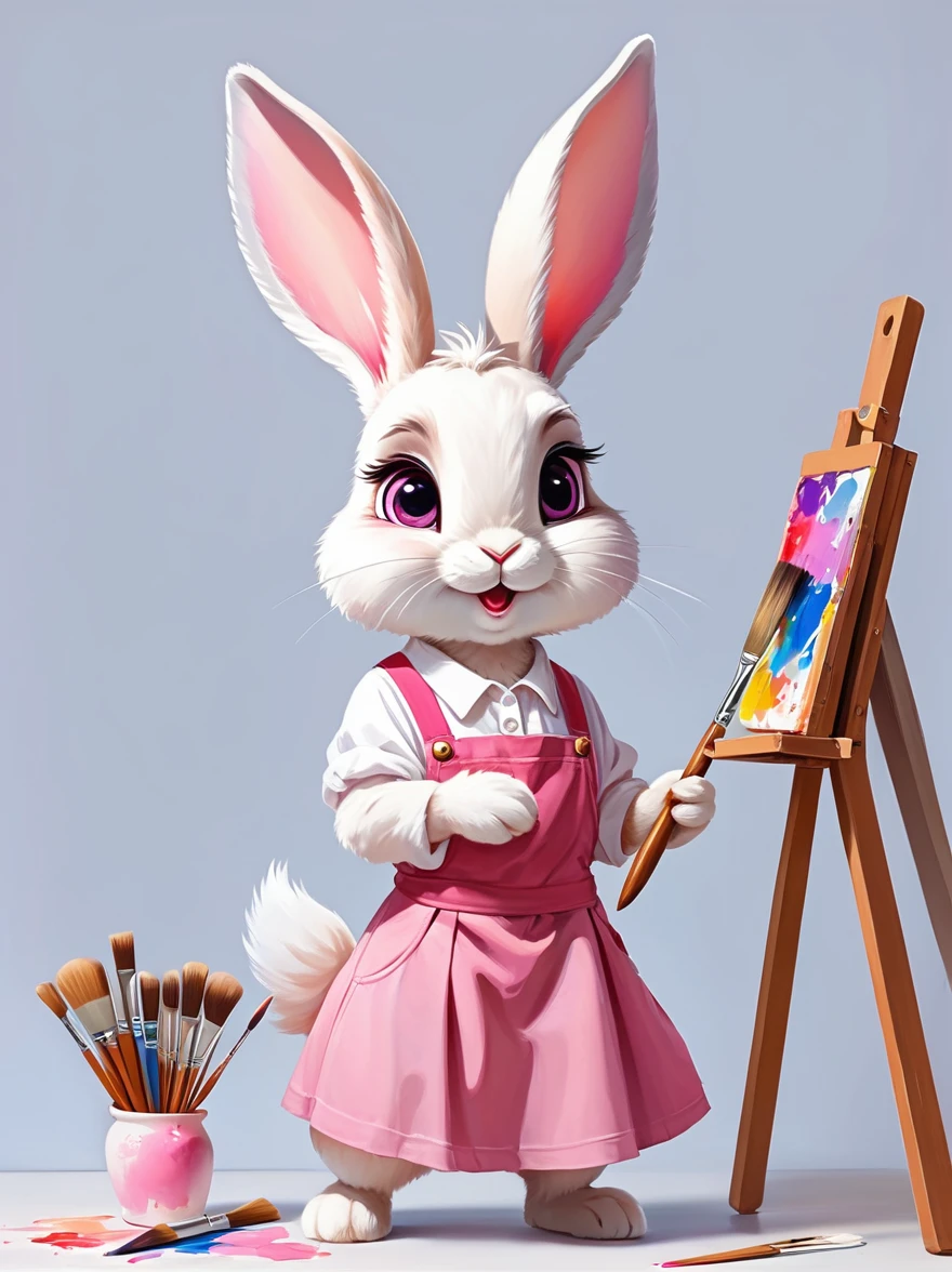 A cute rabbit wearing a white top and a pink skirt，Hold the palette in your left hand，Hold a paintbrush in your right hand，Big eyes and big ears，Character design dressed up as a painter style，Wearing a painter&#39;s hat，Cartoon Style，Blind box toy style，Full body shot，Solid color background，Created with C4D and Blender，With super detail，Natural light，Light and shadow，Very high detail with rim light，Intricate details，Medium shooting，8k, UHD, masterpiece, ccurate, anatomically correct, textured skin, award winning