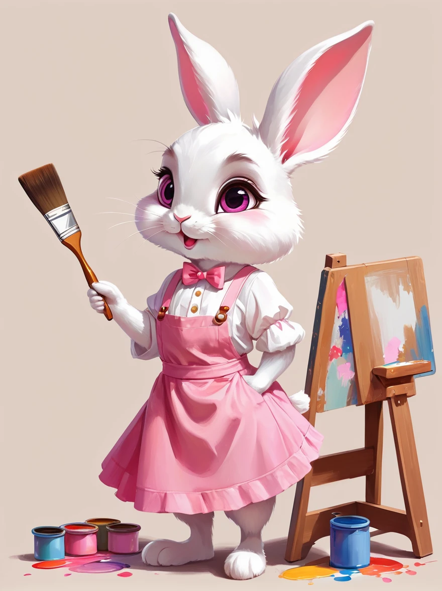 A cute rabbit wearing a white top and a pink skirt，Hold the palette in your left hand，Hold a paintbrush in your right hand，Big eyes and big ears，Character design dressed up as a painter style，Wearing a painter&#39;s hat，Cartoon Style，Blind box toy style，Full body shot，Solid color background，Created with C4D and Blender，With super detail，Natural light，Light and shadow，Very high detail with rim light，Intricate details，Medium shooting，8k, UHD, masterpiece, ccurate, anatomically correct, textured skin, award winning