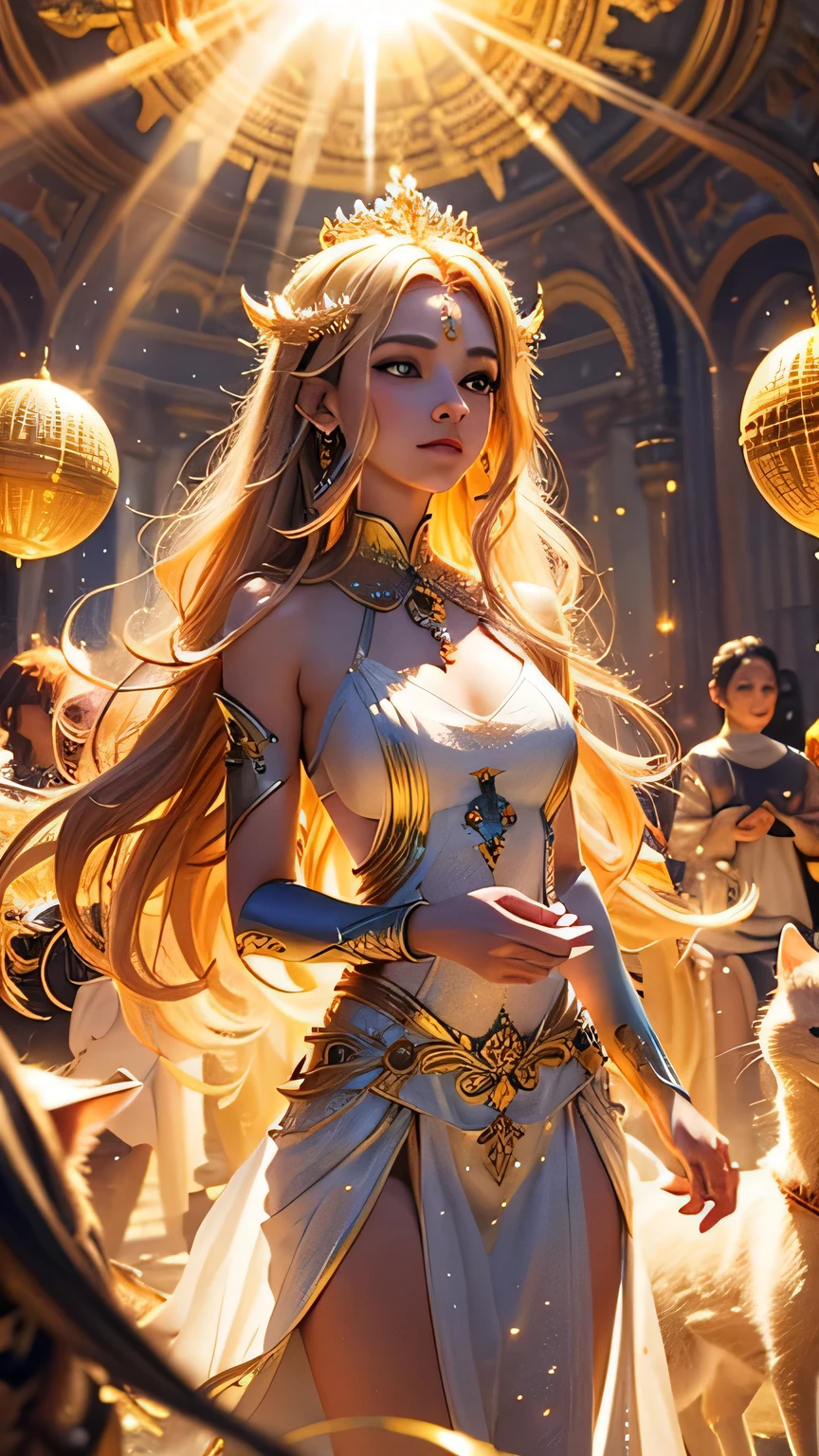 "Maiden of the Sun": In a hallowed sanctuary illuminated by the sun's rays, we present the vision of a sun goddess. Her upper torso is depicted, and she directs her gaze straight at the camera, exuding divine radiance, her hair gleaming with golden hues. The camera zooms in on her face, highlighting the orbs of light she holds in her hands, symbolizing the sun's life-giving energy. The backdrop resonates with a majestic aura of divinity. The scene unfolds in a place where numerous cats dwell, bathed in gentle, luminous light, offering solace and serenity, devoid of any lingering anxieties. By her side is her cherished Munchkin cat companion.