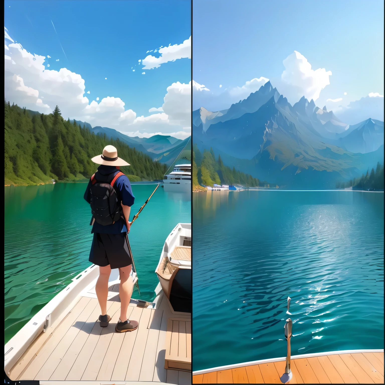 Arawd man standing on boat,Overlooking the lake and mountains, on a boat on a lake, 🪔 🎨;🌞🌄, Post-processing), Epic Diptych, stylized photo, shutter, This photo was taken on a boat, with water and boats, Photos on iPhone, Color Proofing, photo taken from a boat