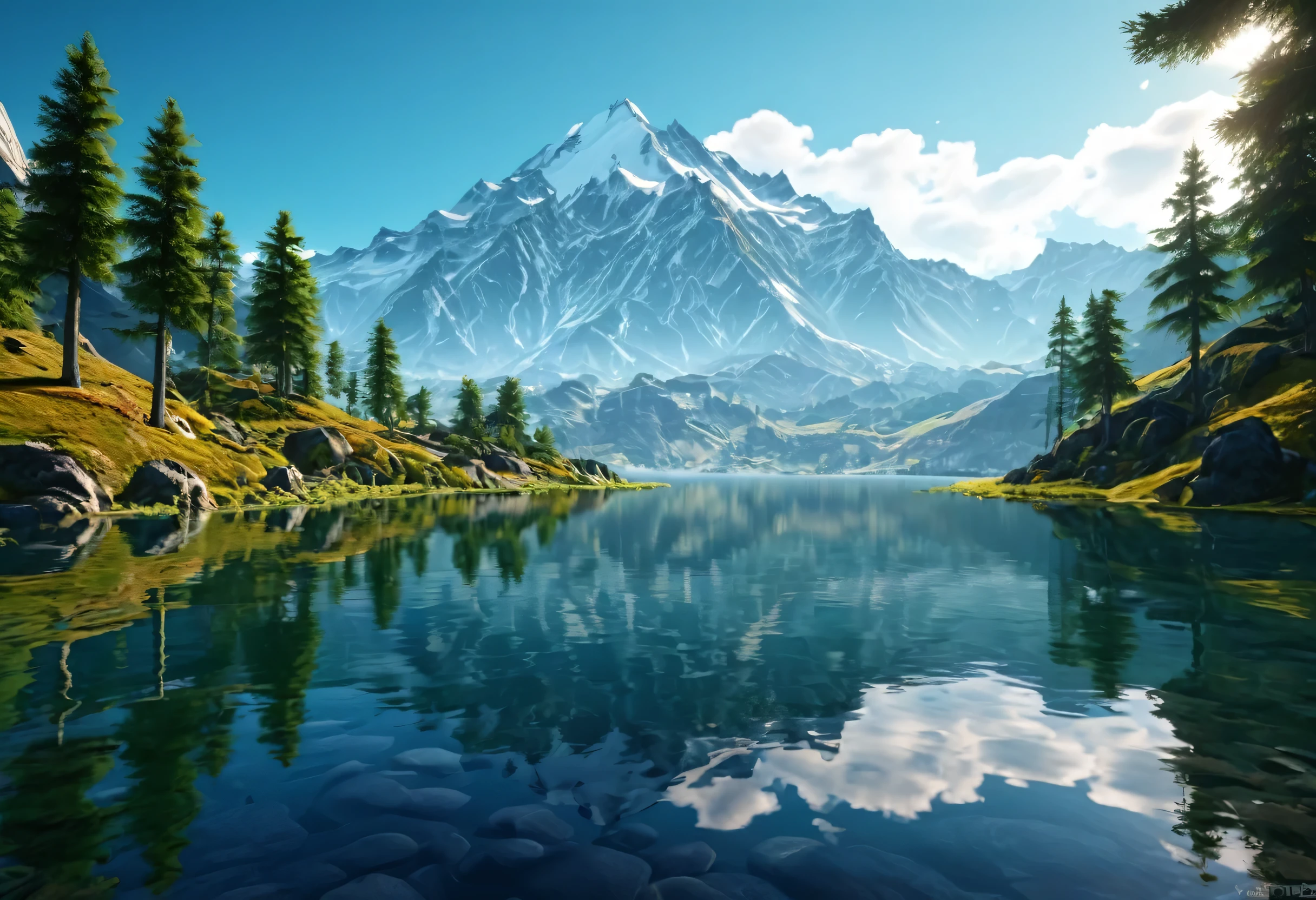 Mountains and trees々is reflected on the surface of a quiet lake, Highly detailed digital art in 4K, Beautiful Art UHD 4K, Beautiful landscape rendering, 4k HD Matte Digital Painting, Highly Detailed 4K HD Wallpapers, Unreal Engine 4K Wallpaper, Magnificent and beautiful landscapes, Amazing artwork in 8K, 8K Landscape Rendering, Beautiful composition 3-d 4k