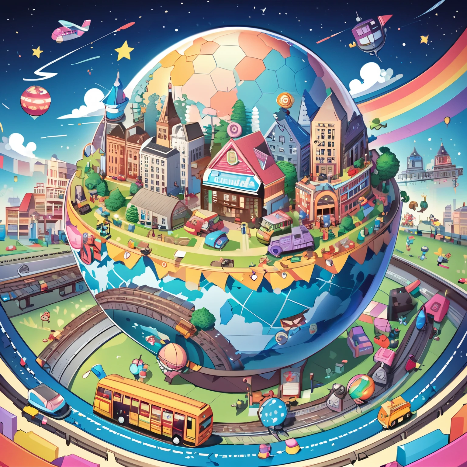 “Create a playful and colorful toy world illustration with a variety of whimsical buildings, assorted cute animal and robot toys, multiple vibrant toy buses traveling on tracks, all centered around a detailed globe under a starry sky.”