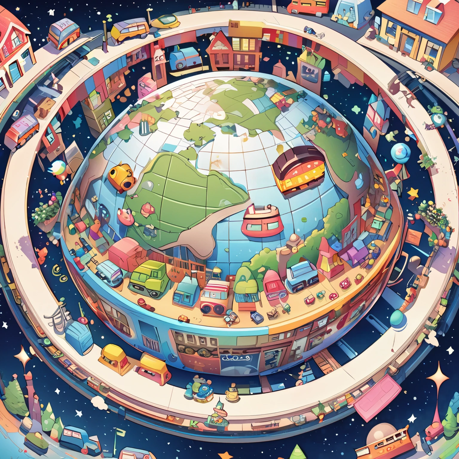 “Create a playful and colorful toy world illustration with a variety of whimsical buildings, assorted cute animal and robot toys, multiple vibrant toy buses traveling on tracks, all centered around a detailed globe under a starry sky.”