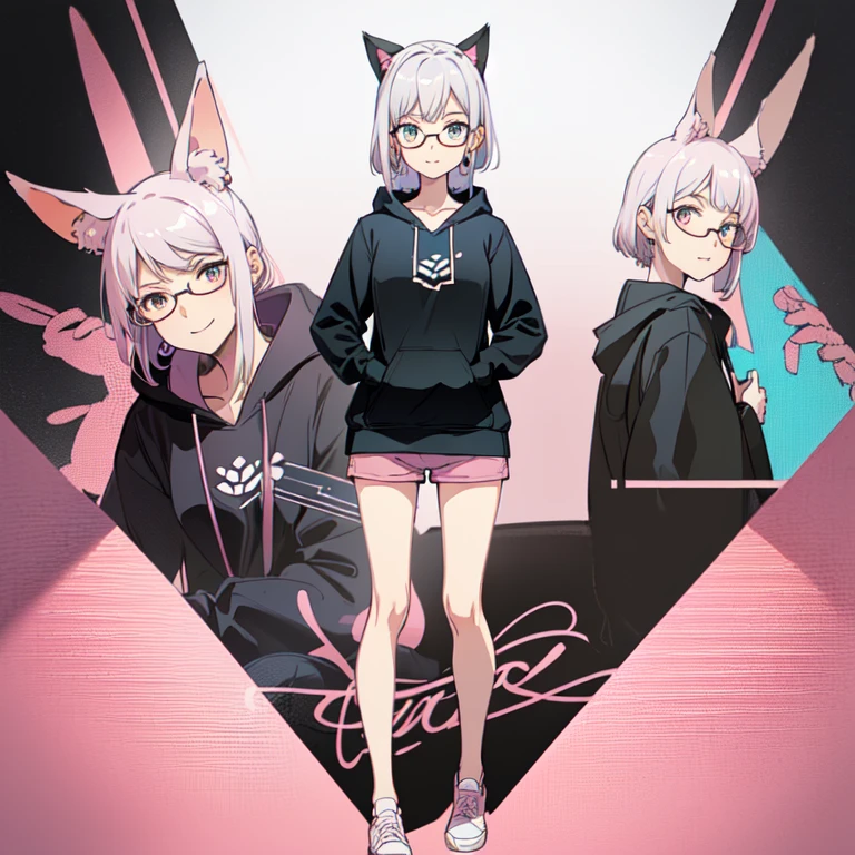 (Anime style), 1girl, 20 years old, mechanical limbs, [[weapon]], skin colored skin, ((relaxing on a couch)), ((indoor) ((wearing a pink hoodie with animal ears)) , (wearing white mini shorts) , sharp eyes, light pink eyes, beautiful eyes, detailed eyes, beautiful silver hair, short hair, wearing glasses, earrings, cute pins on hoodie, holding a game controller, one hand is rested on her chest, medium chest size, perfect arms, perfect legs, perfect hands, anatomically correct hands, detailed hands, detailed feet, perfect feet, (adult body proportions), smiling, (playful and friendly expression), looking at viewer, ((high quality)) , best quality