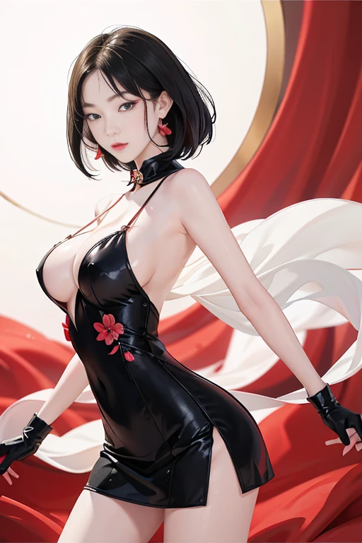 tsuruta ichiro, Narrow-eyed, 1girl in, Allback、deadpan、short-hair、shorth hair、brow、Reluctance、A dark-haired、Tucked Hair Solo, Cowgirl, Onepiece, ((big breasts)), Thin slit eyes、Black eyes, Light shines on the eyes、smile, Black hair, gloves, Dress, Luxurious Jewelry, earrings, sharp eye、 elbow groves,Raise your hands and tie your hair back, random color, random color dress, Makeup for long eyes, Slender eyes、lip stick, Complex petal pattern, Rim Light, Back Light, pastel color,Studio Lighting, no bad fingers or body.